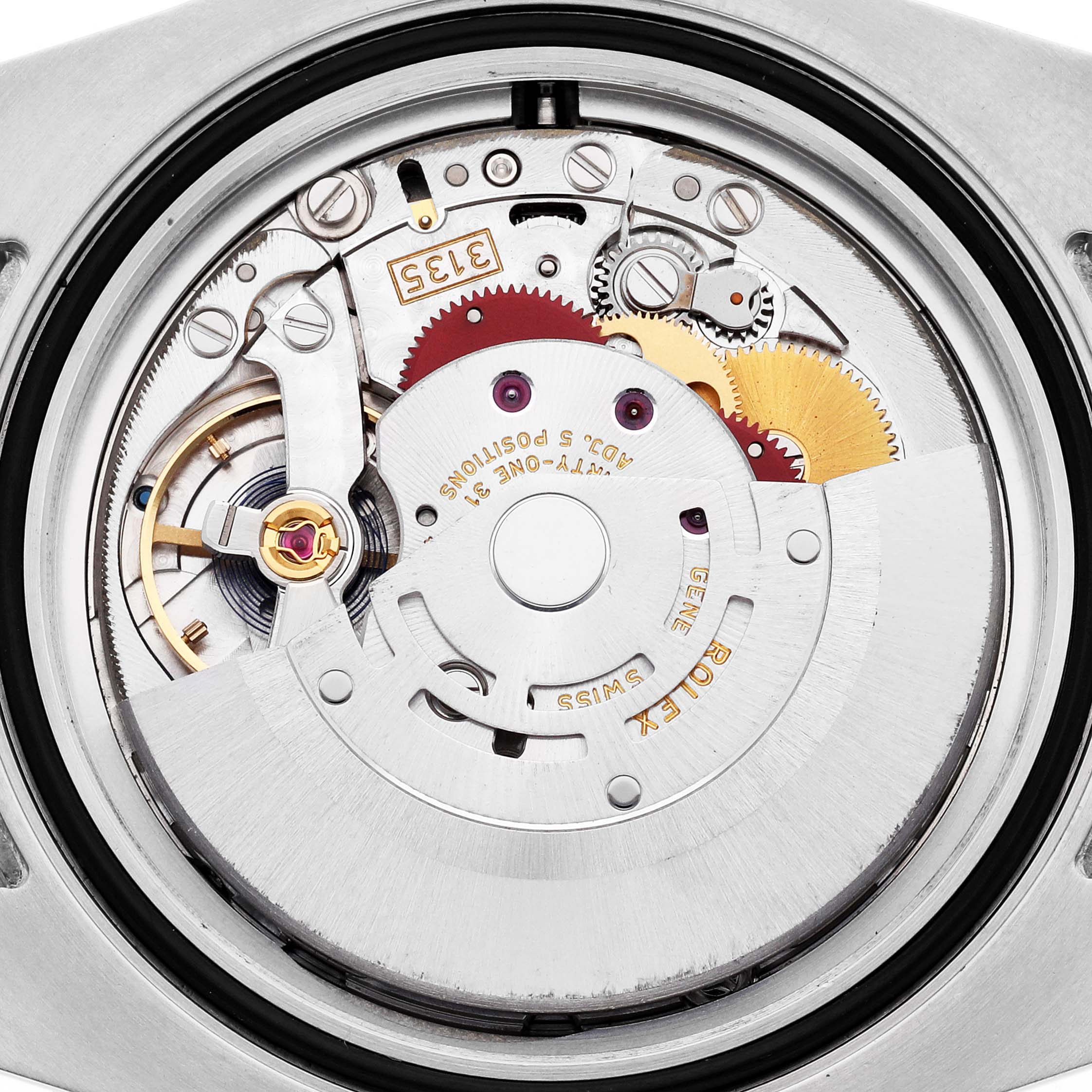 The image shows a Rolex Submariner 116613 Men's Steel and Gold (two tone) Black Dial's movement from the back, displaying gears, rotors, and intricate mechanical parts.