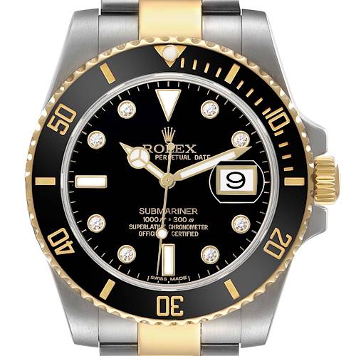 The image shows a front view of the Rolex Submariner 116613 Men's Steel and Gold (two tone) Black Dial, highlighting its black dial, gold bezel, and bracelet.