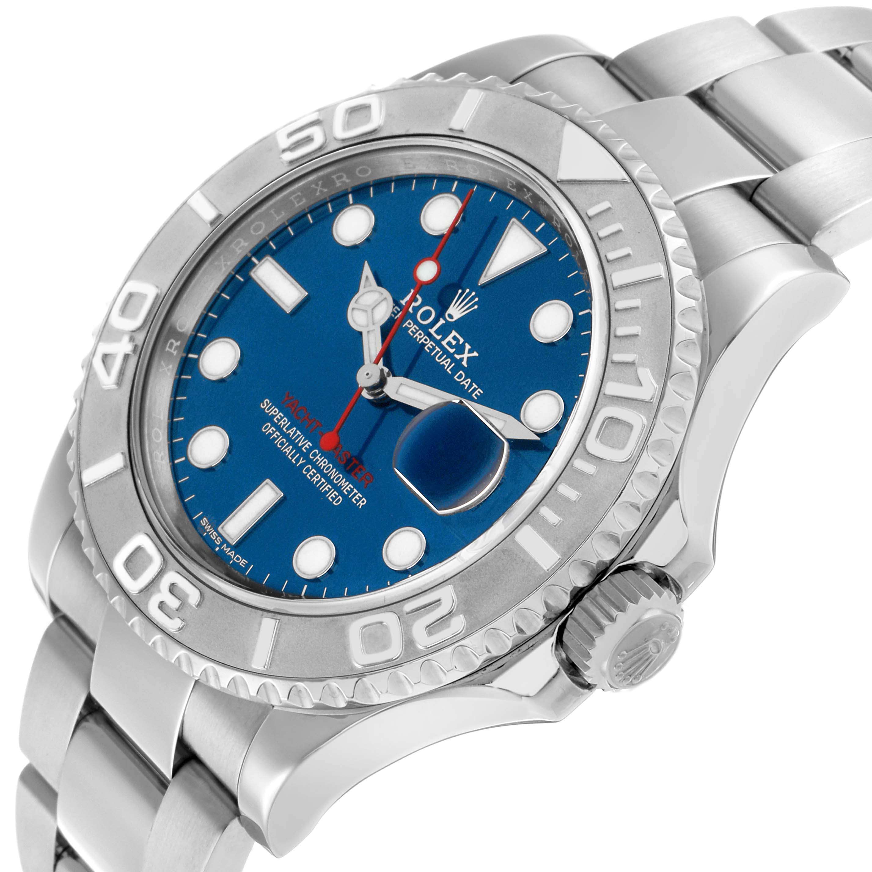 The image shows a Rolex Yacht-Master 116622 Men's Stainless Steel Blue Dial watch from a side angle, highlighting the bezel, dial, and bracelet.