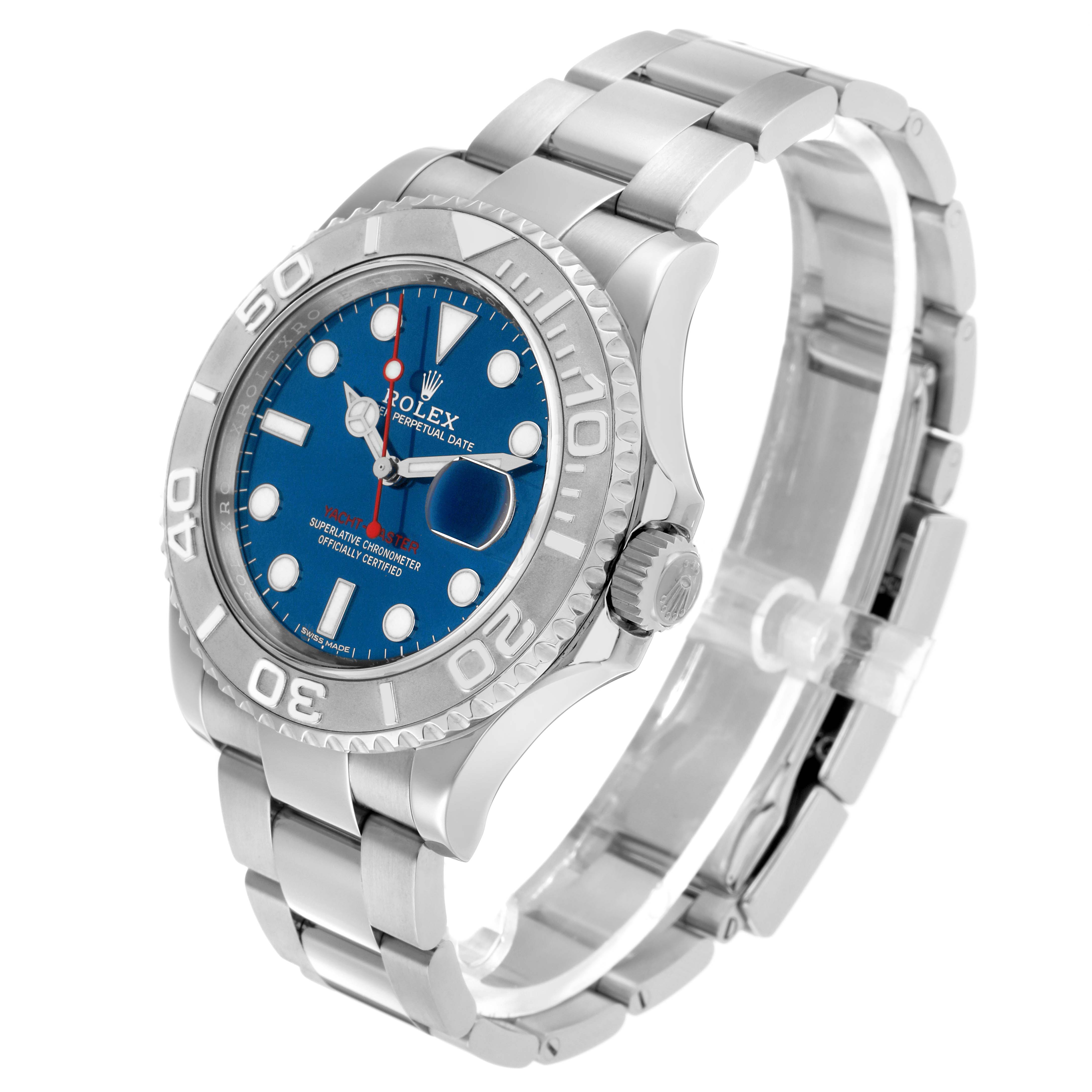 The Rolex Yacht-Master 116622 Men's Stainless Steel Blue Dial watch is shown at a three-quarter angle, highlighting the bezel, dial, and bracelet.