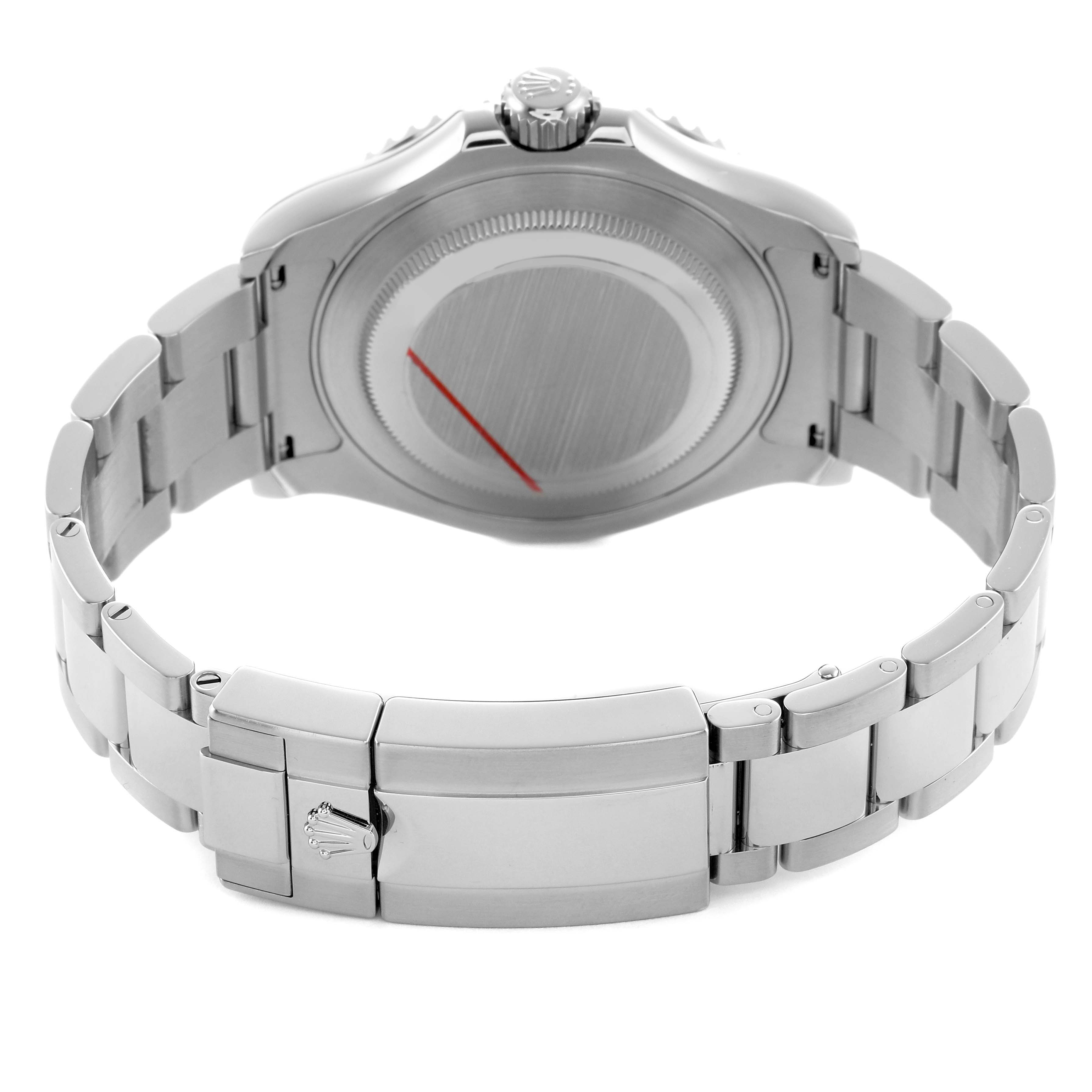 The image shows the back view of a Rolex Yacht-Master 116622 Men's Stainless Steel Blue Dial watch, highlighting its clasp and bracelet.