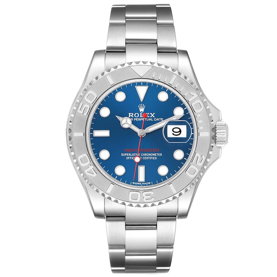 The Rolex Yacht-Master 116622 Men's Stainless Steel Blue Dial is shown from the front, displaying its blue dial, date window, bezel, and metal bracelet.