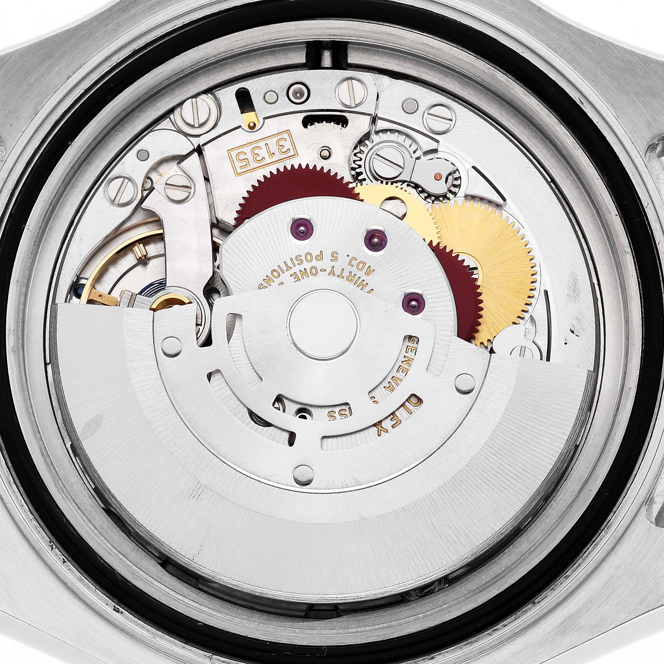 The image shows the inner mechanics of a Rolex Yacht-Master 116622 Men's Stainless Steel Blue Dial watch viewed from the back, highlighting gears and the rotor.