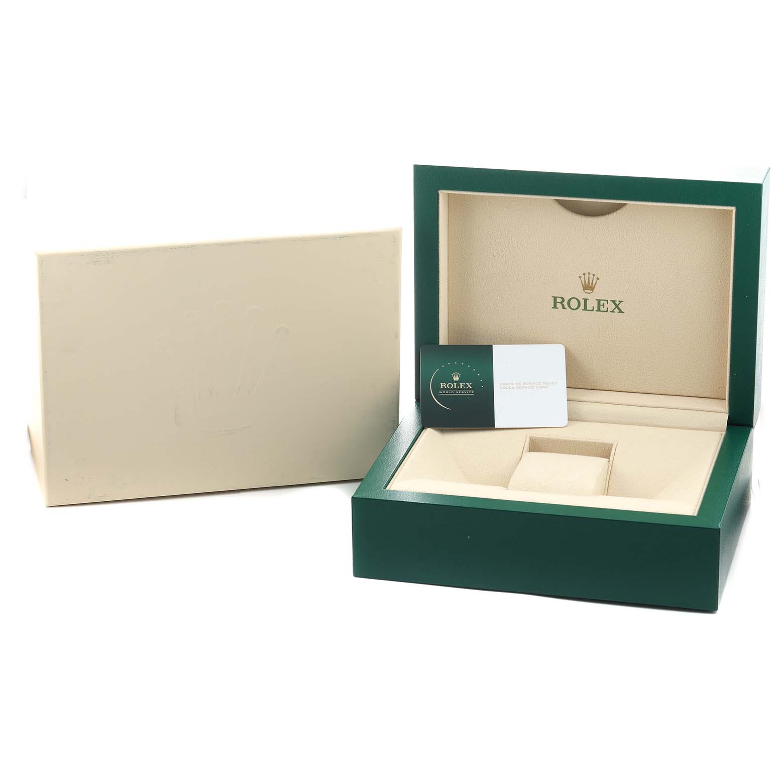 The image shows an open Rolex Yacht-Master 116622 Men's Stainless Steel Blue Dial watch box with a beige exterior box and a card inside.