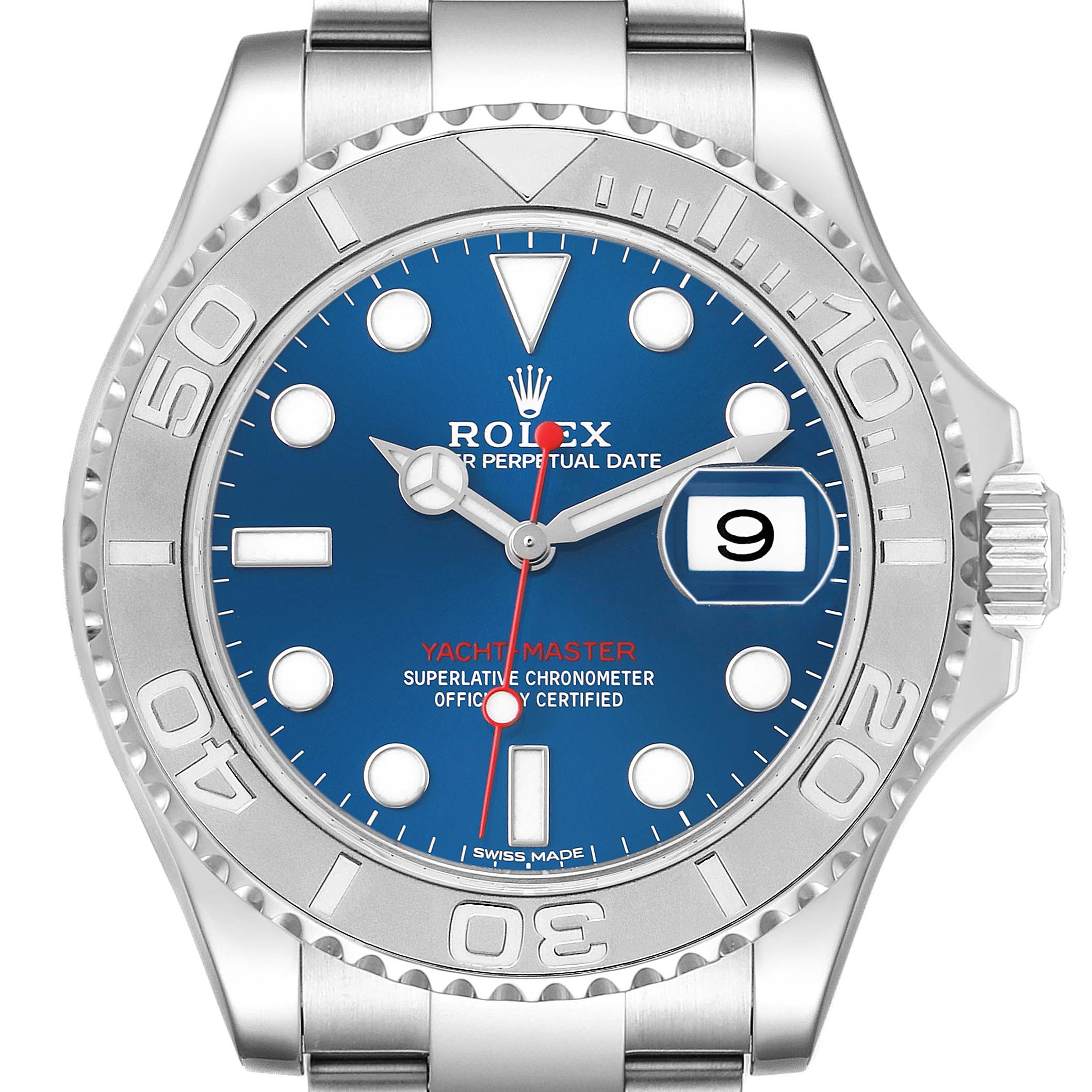 The image shows a frontal view of the Rolex Yacht-Master 116622 Men's Stainless Steel Blue Dial, highlighting the blue dial, markers, hands, bezel, and bracelet.