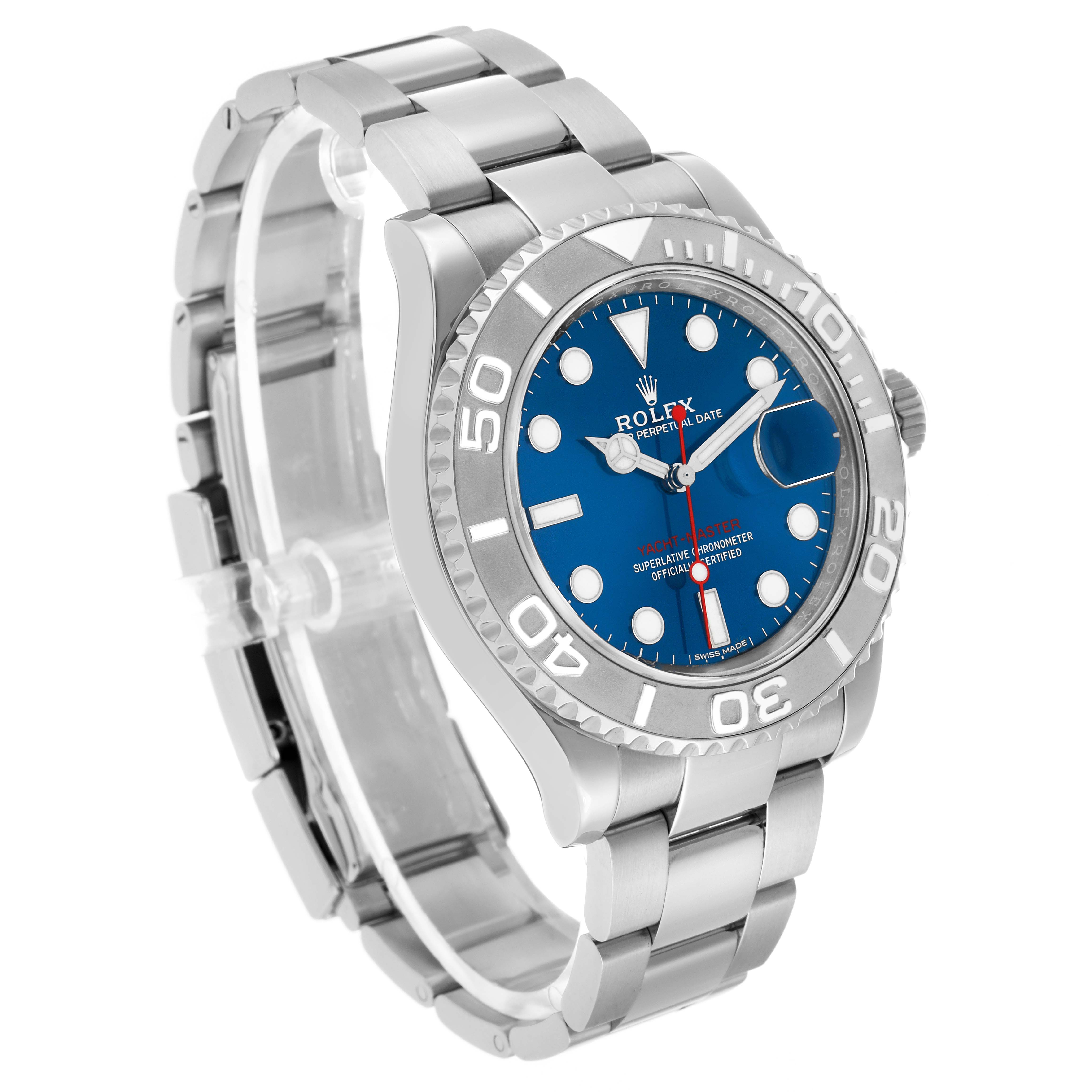 The Rolex Yacht-Master 116622 Men's Stainless Steel Blue Dial watch is shown at a three-quarter angle, displaying the blue dial, bezel, and stainless steel bracelet.