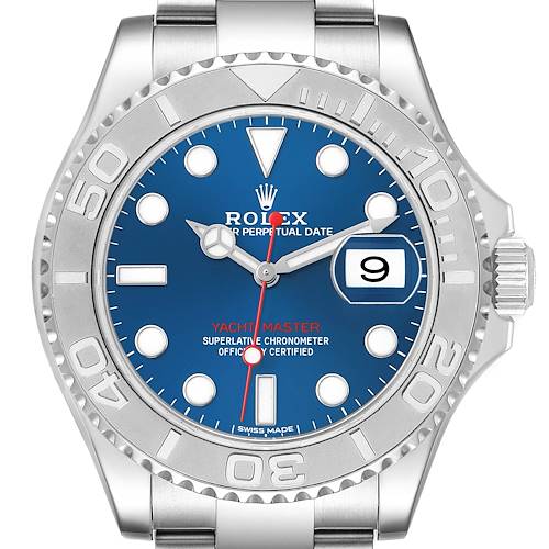 The Rolex Yacht-Master 116622 Men's Stainless Steel Blue Dial watch is shown from a top-down angle, highlighting the bezel, blue dial, and bracelet.