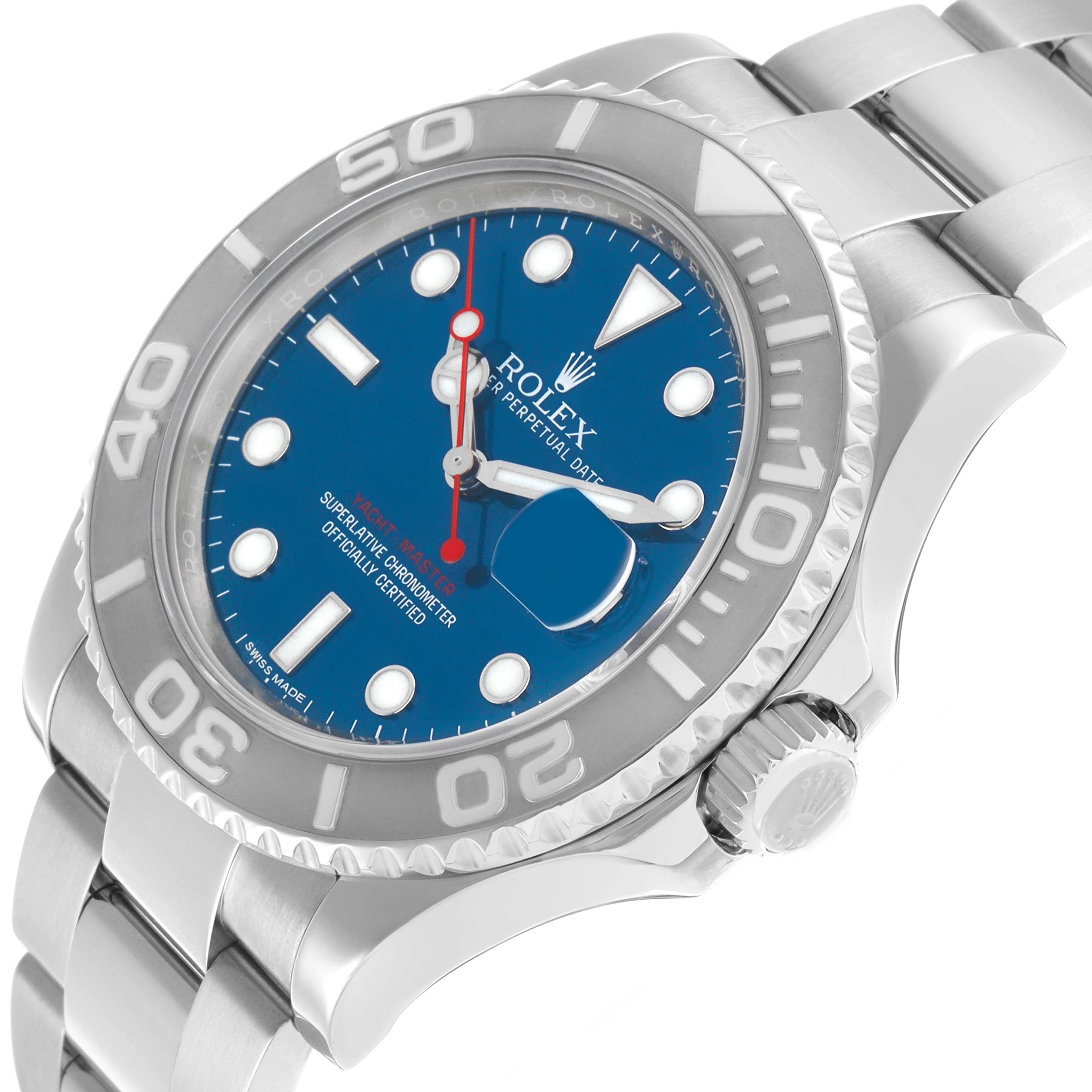 The Rolex Yacht-Master 116622 Men's Stainless Steel Blue Dial watch is shown at a slight angle, highlighting the blue dial, bezel, case, and part of the band.