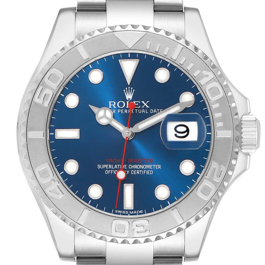 The Rolex Yacht-Master 116622 Men's Stainless Steel Blue Dial is shown from a top-down angle, highlighting its bezel, dial, and bracelet.