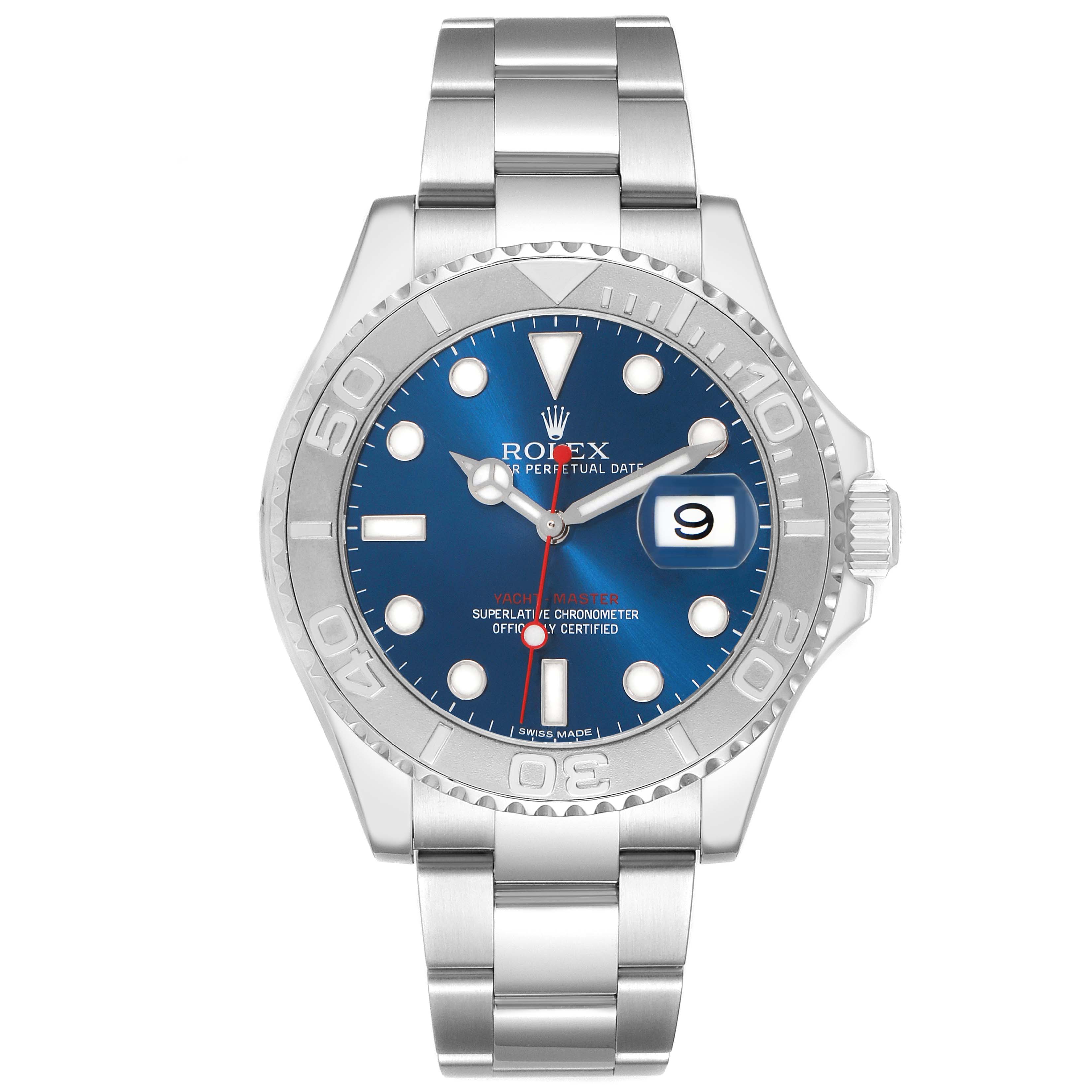 The Rolex Yacht-Master 116622 Men's Stainless Steel Blue Dial watch is shown from a front angle, displaying the dial, bezel, and bracelet clearly.