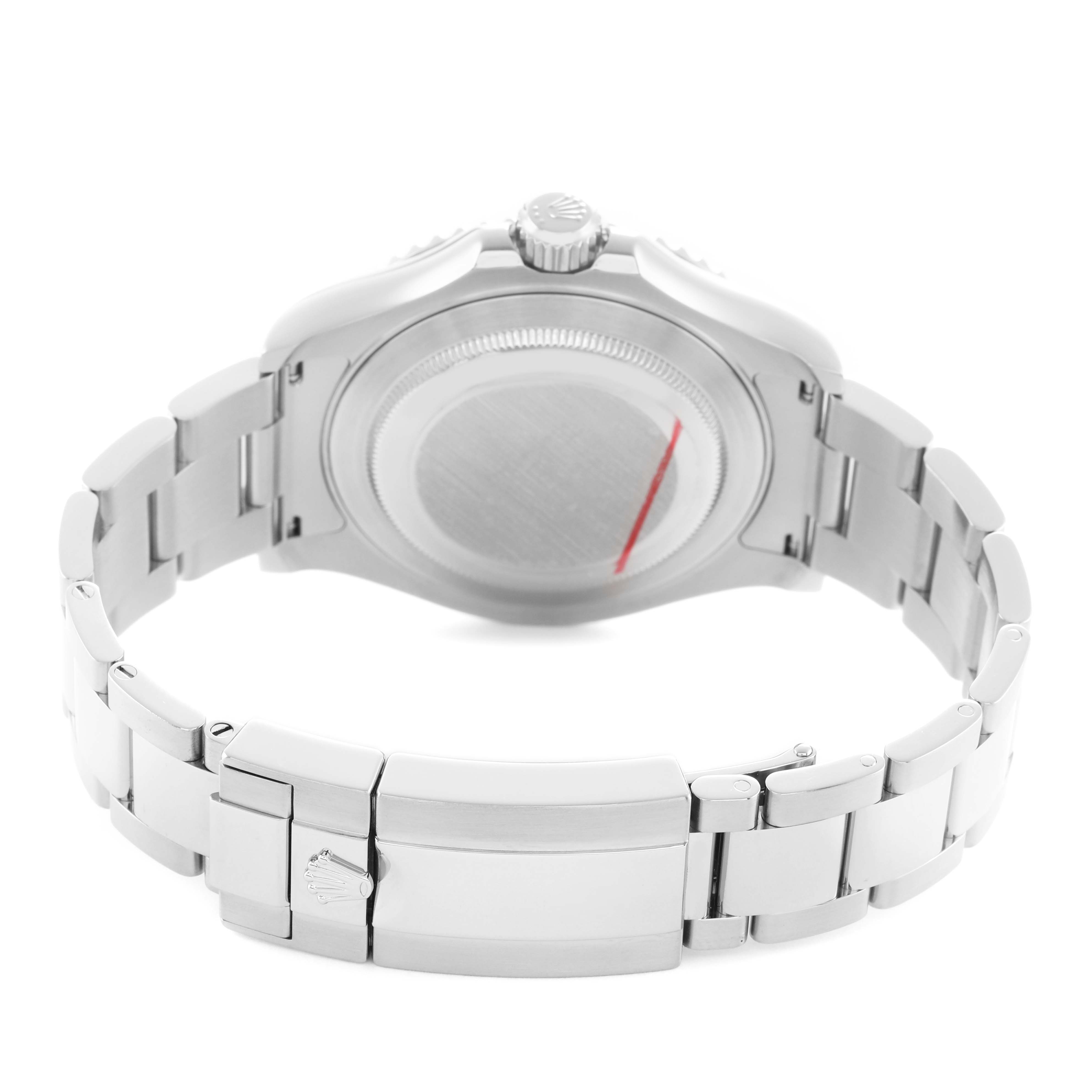 The image shows the back view of a Rolex Yacht-Master 116622 Men's Stainless Steel Blue Dial, highlighting the bracelet and closed clasp.