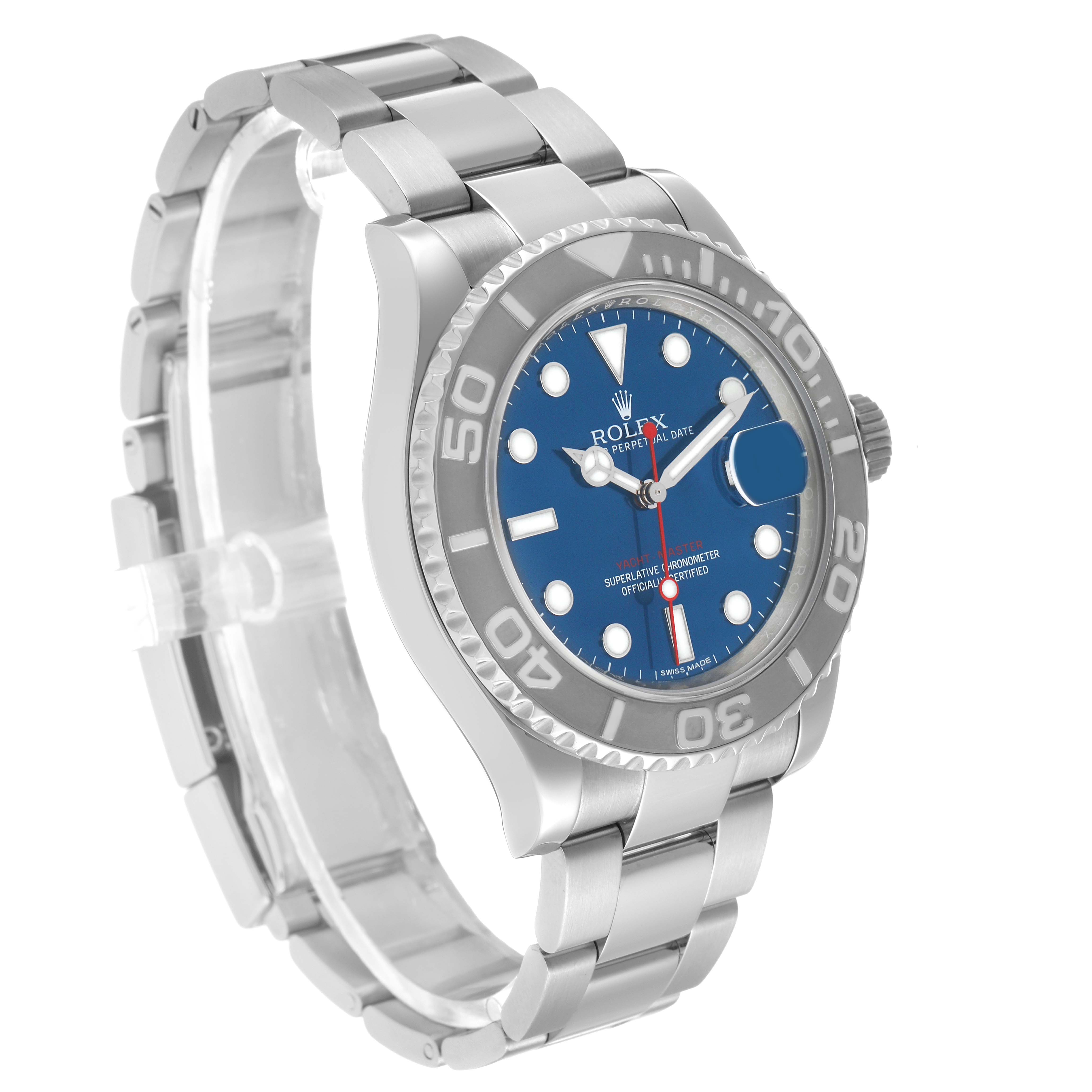The Rolex Yacht-Master 116622 Men's Stainless Steel Blue Dial watch is shown at a front-side angle, highlighting the dial, bezel, and bracelet.