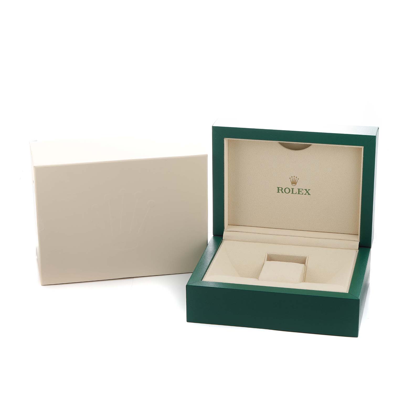 The image shows an empty green and beige Rolex Yacht-Master 116622 Men's Stainless Steel Blue Dial watch box, partially open, with a separate white outer box.