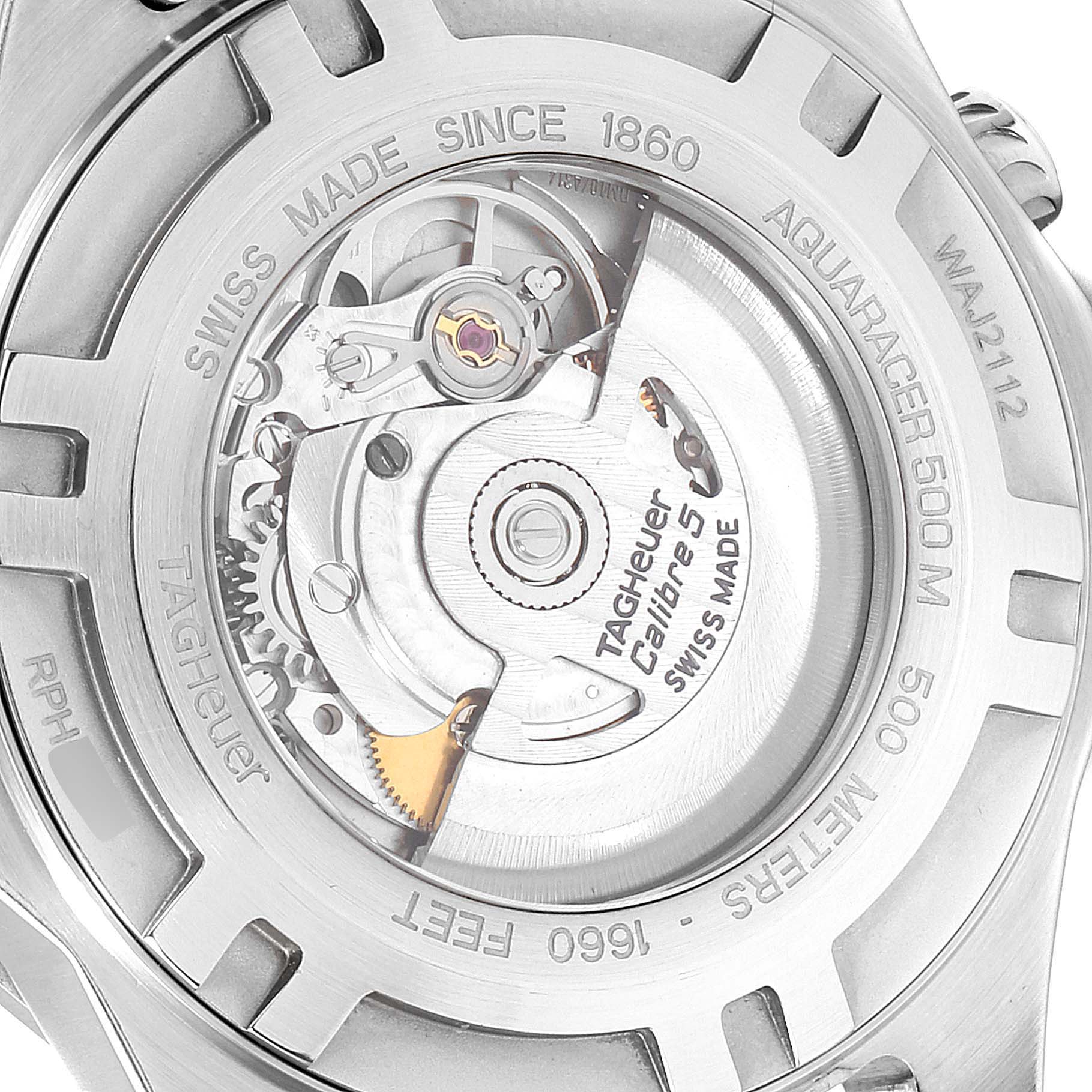 This image shows the back view of a Tag Heuer Aquaracer WAJ2112  Men
s Stainless Steel Blue Dial WAJ2112  Men
s Stainless Steel Blue Dial watch, revealing the internal mechanism and movement details.