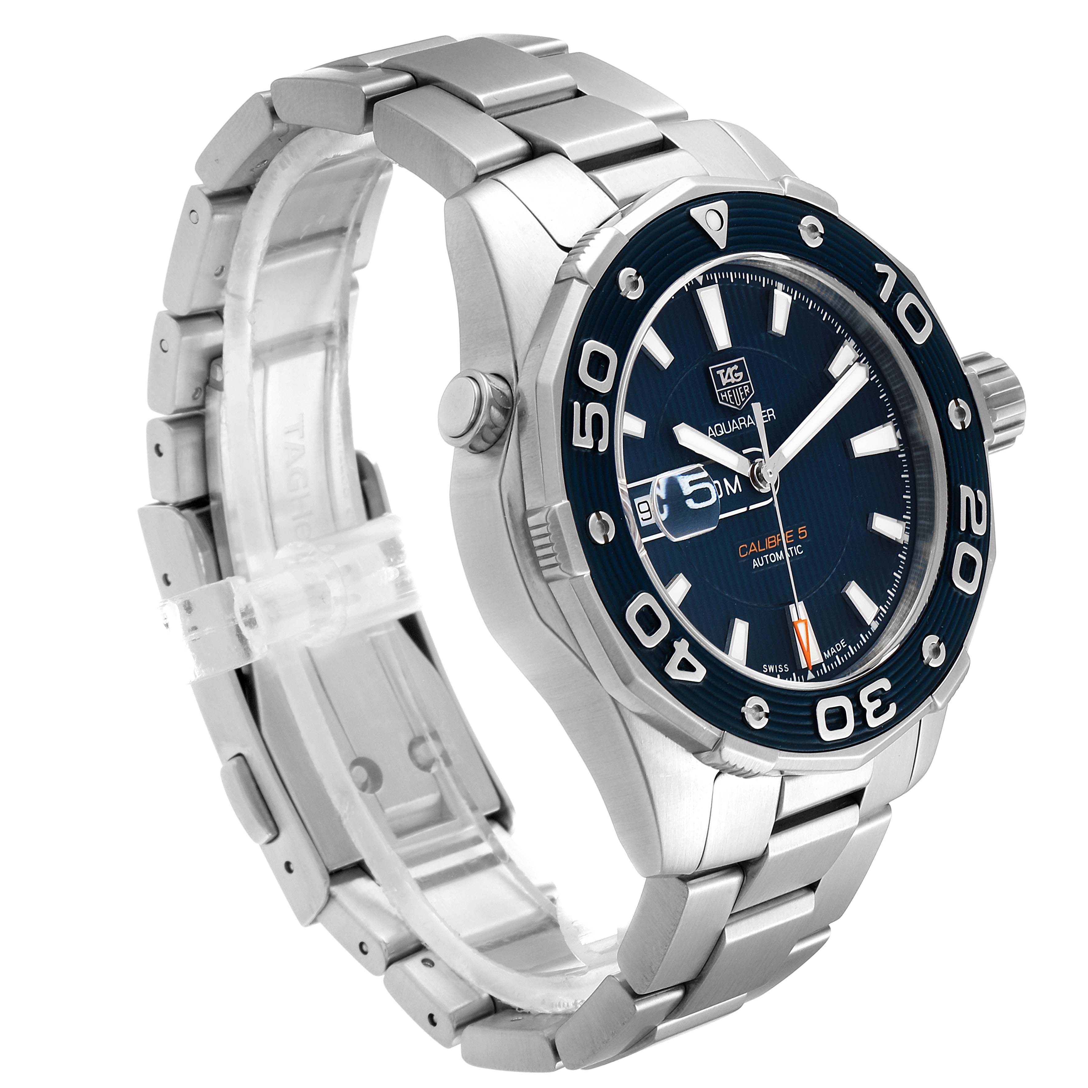 The image shows a Tag Heuer Aquaracer WAJ2112  Men
s Stainless Steel Blue Dial WAJ2112  Men
s Stainless Steel Blue Dial watch at an angled side view, highlighting the dial, bezel, and metal bracelet.