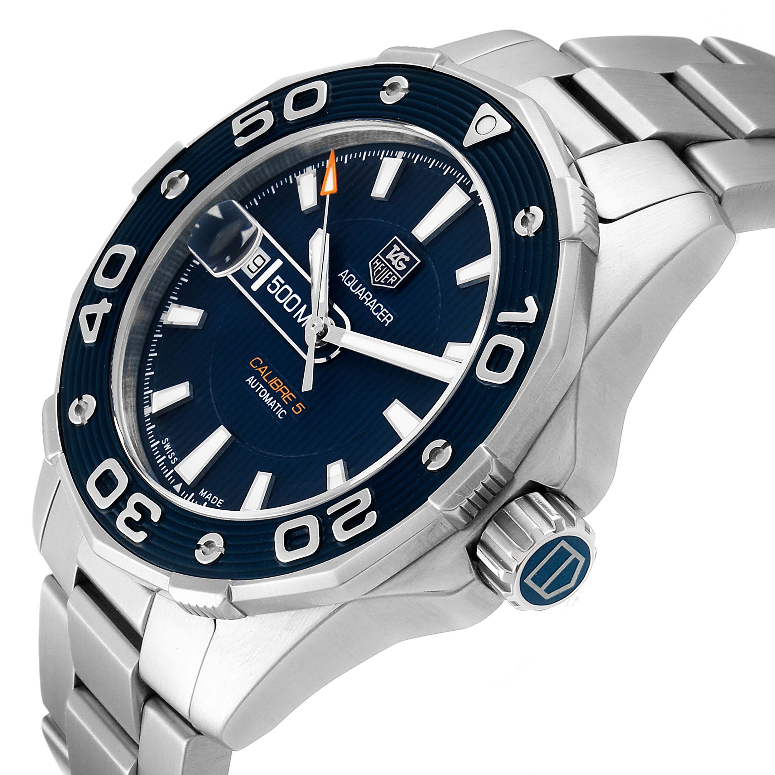 The image shows a Tag Heuer Aquaracer WAJ2112  Men
s Stainless Steel Blue Dial WAJ2112  Men
s Stainless Steel Blue Dial watch at a three-quarter angle, highlighting the bezel, dial, crown, and bracelet.