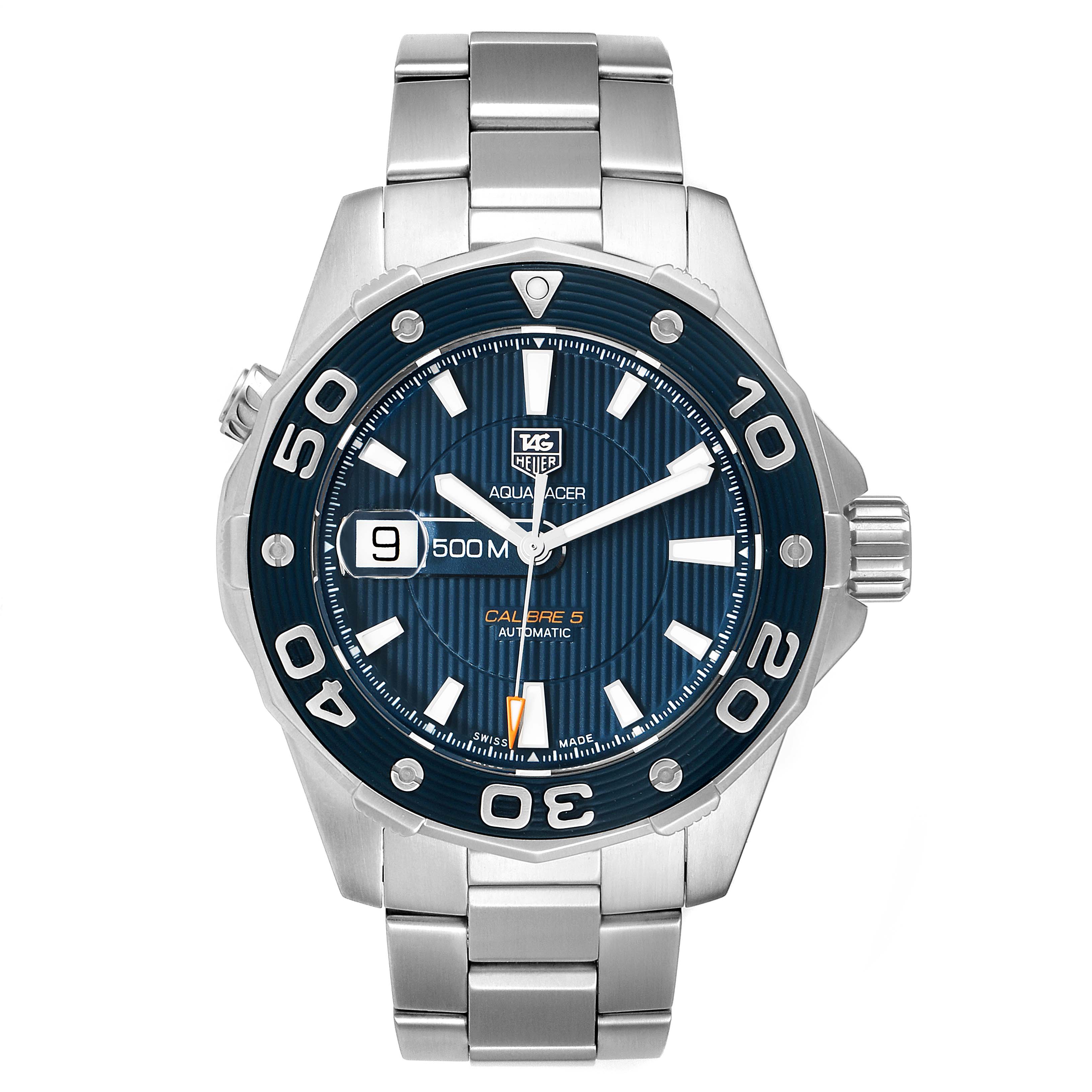 The image shows a frontal view of a Tag Heuer Aquaracer WAJ2112  Men
s Stainless Steel Blue Dial WAJ2112  Men
s Stainless Steel Blue Dial watch, highlighting its face, bezel, and metal bracelet.