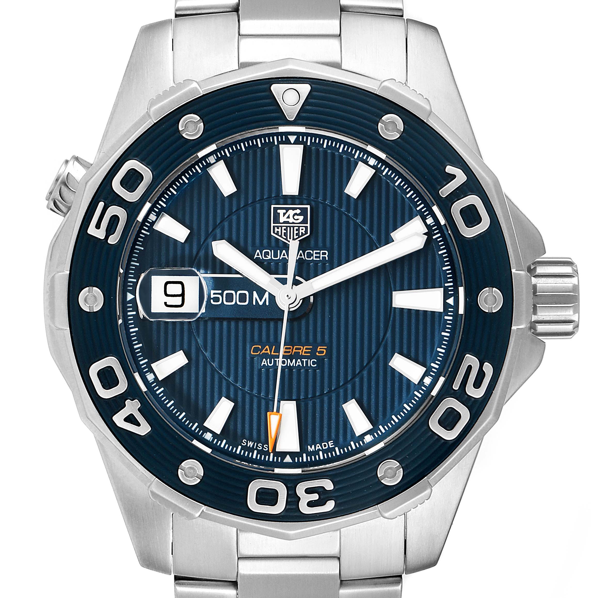 The Tag Heuer Aquaracer WAJ2112  Men
s Stainless Steel Blue Dial WAJ2112  Men
s Stainless Steel Blue Dial watch is shown from a front angle, displaying its face, dial, bezel, and part of the bracelet.