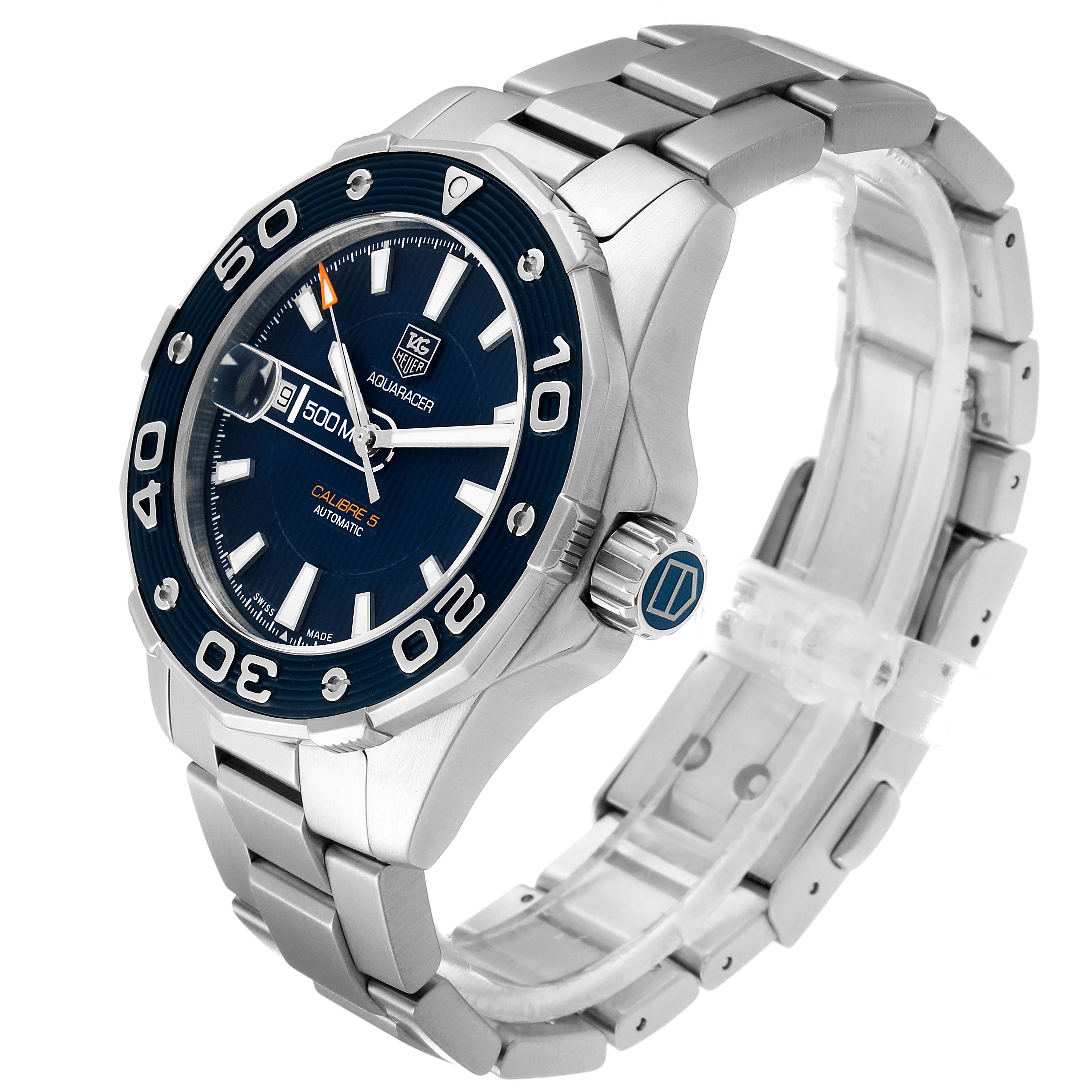 The image shows a Tag Heuer Aquaracer WAJ2112  Men
s Stainless Steel Blue Dial WAJ2112  Men
s Stainless Steel Blue Dial watch angled to display the face, bezel, crown, and part of the stainless steel bracelet.