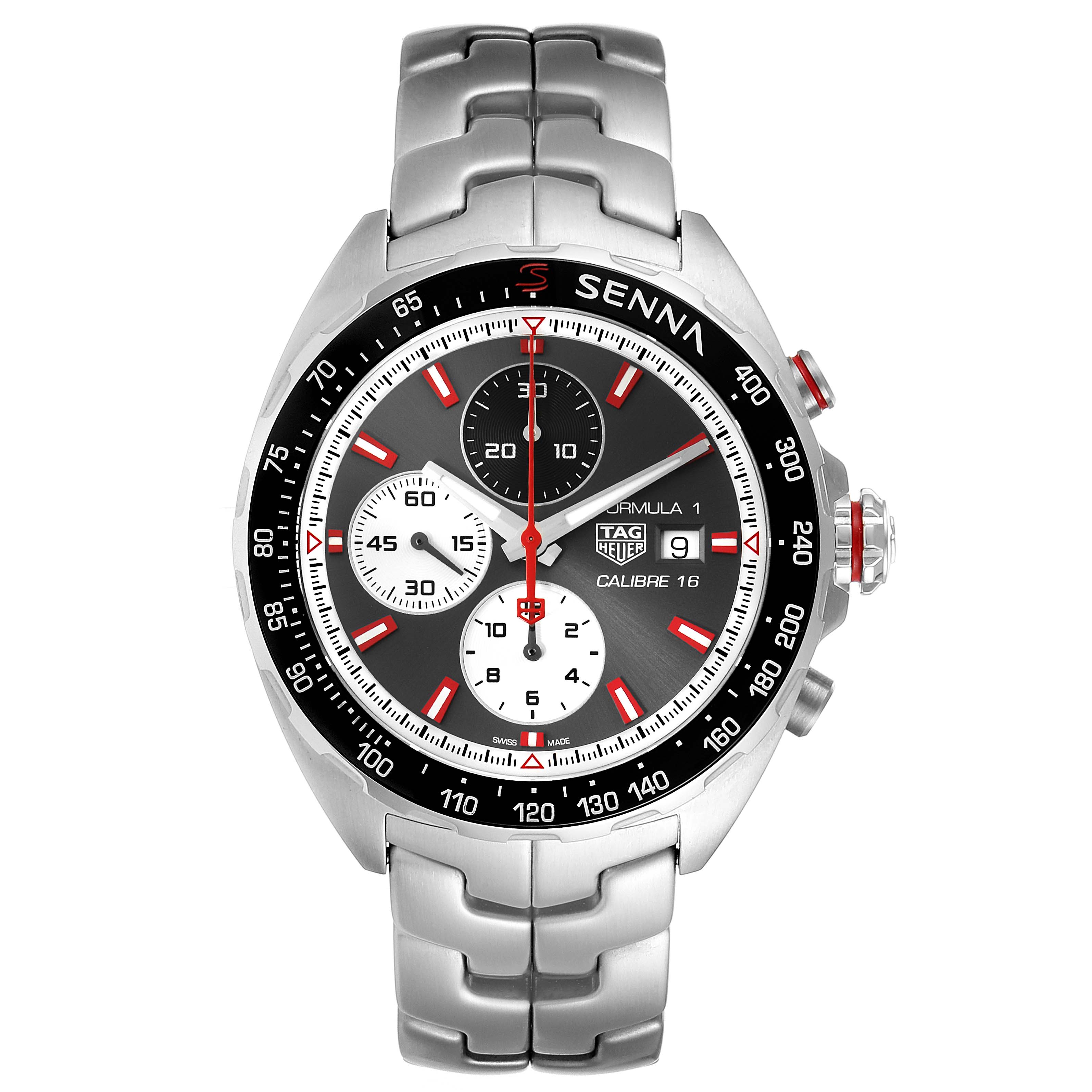 This image shows a front view of the Tag Heuer Formula 1 CAZ2017.BA0647 Men's Stainless Steel Grey Dial CAZ2017.BA0647 Men's Stainless Steel Grey Dial Senna model watch with a metal bracelet and multiple subdials.