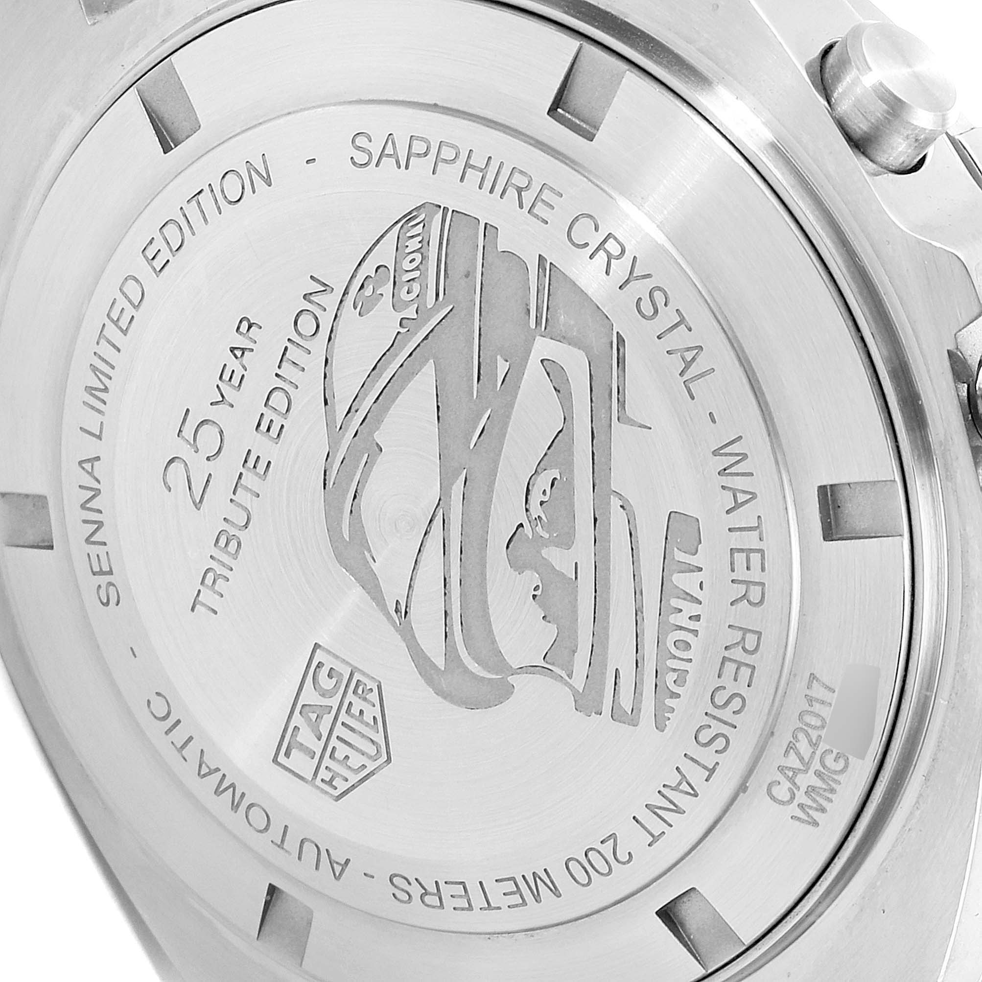 The image shows the back case of a Tag Heuer Formula 1 CAZ2017.BA0647 Men's Stainless Steel Grey Dial CAZ2017.BA0647 Men's Stainless Steel Grey Dial Senna Limited Edition watch, highlighting engravings and specifications.