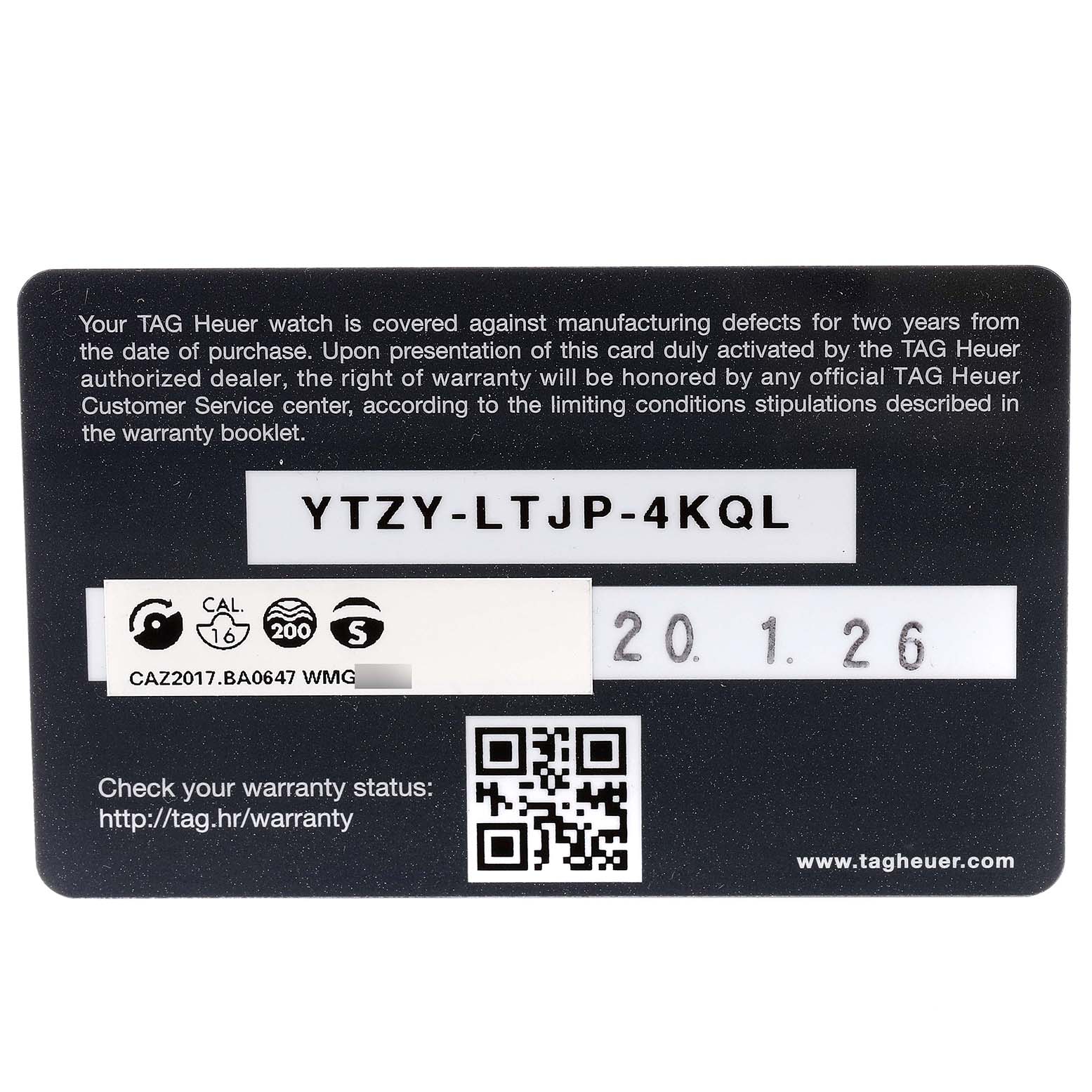 This image shows a flat, front-view angle of the warranty card for the Tag Heuer Formula 1 CAZ2017.BA0647 Men's Stainless Steel Grey Dial CAZ2017.BA0647 Men's Stainless Steel Grey Dial model.