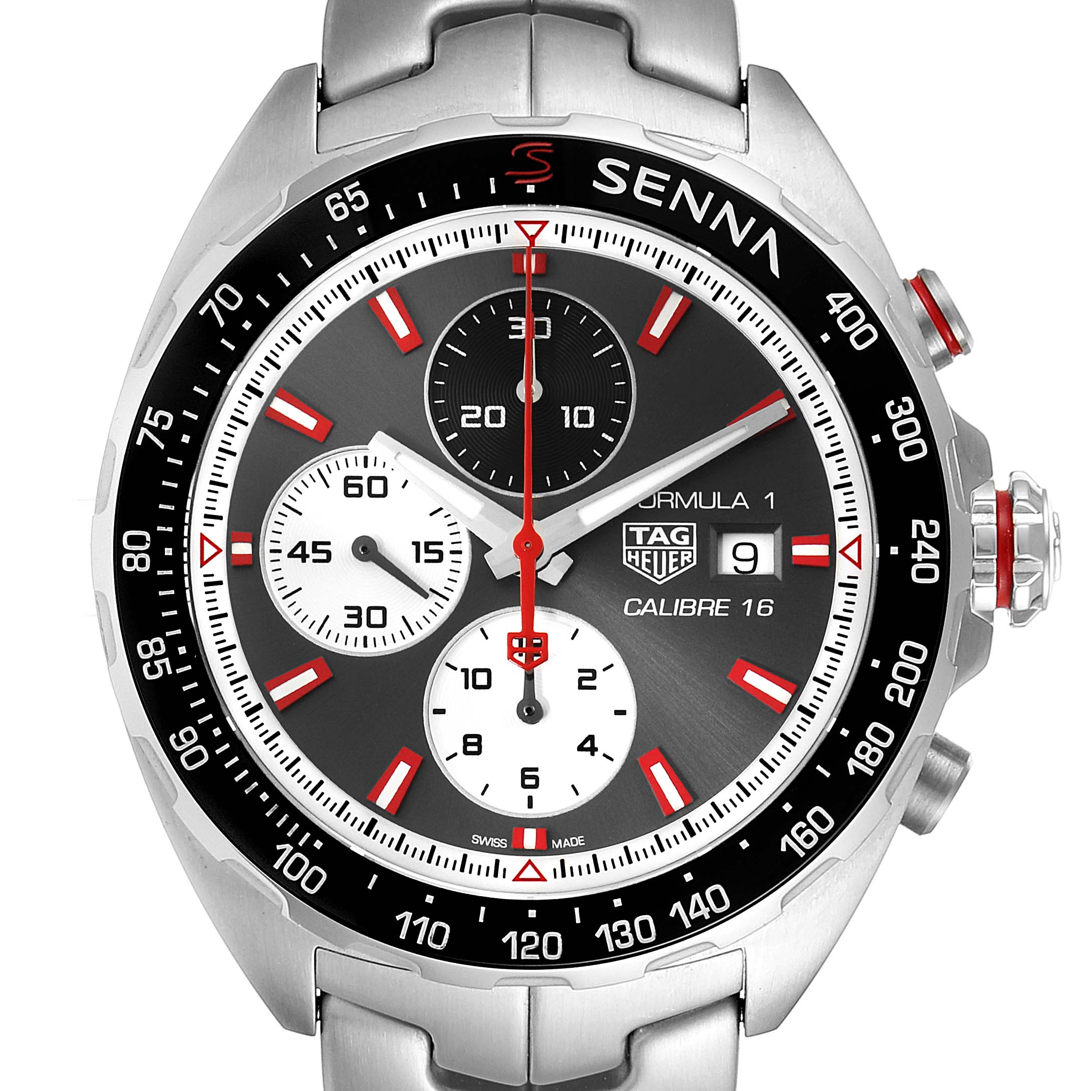 The image shows a frontal view of the Tag Heuer Formula 1 CAZ2017.BA0647 Men's Stainless Steel Grey Dial CAZ2017.BA0647 Men's Stainless Steel Grey Dial Senna model watch, highlighting the watch face and bezel.