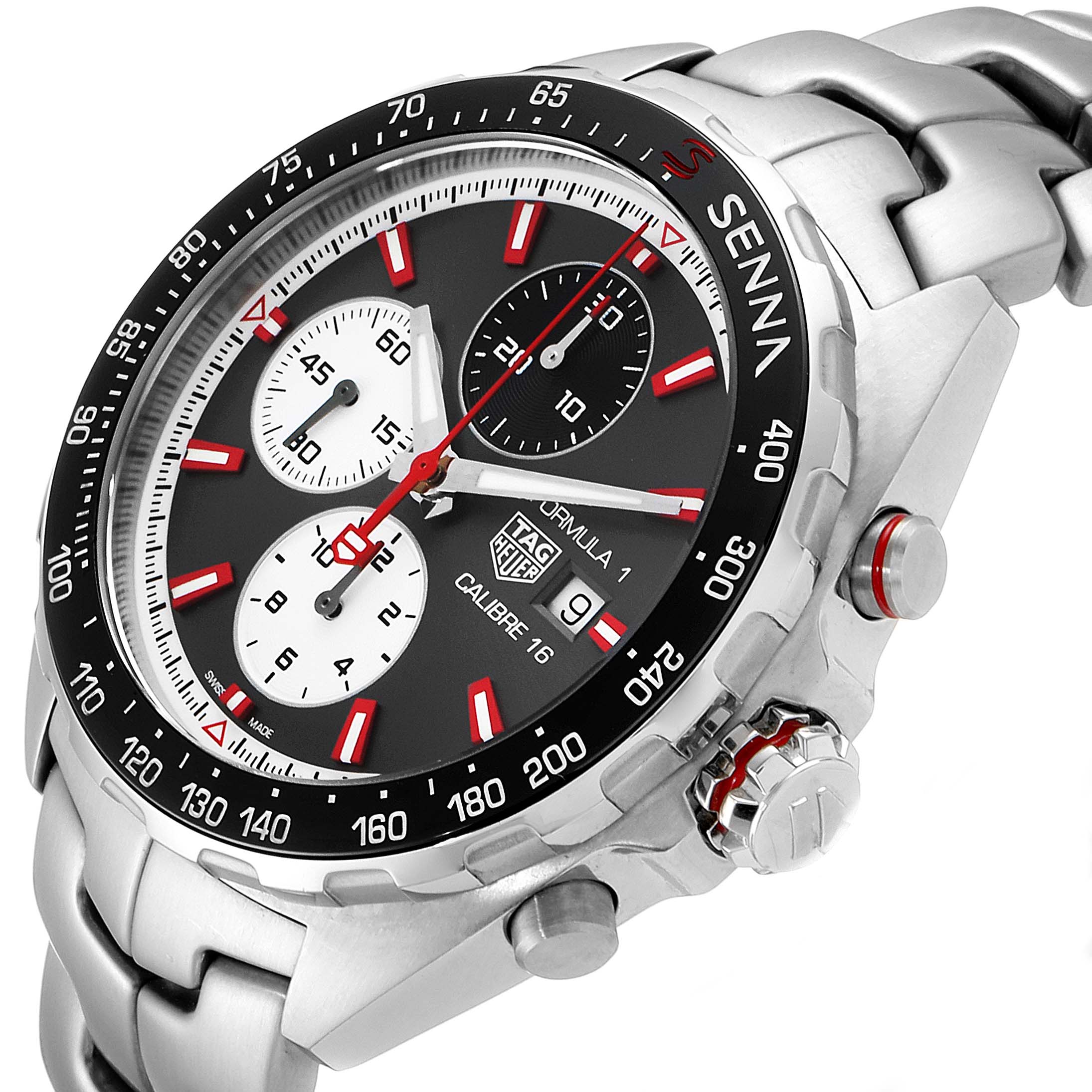 The image shows a close-up, angled view of the Tag Heuer Formula 1 CAZ2017.BA0647 Men's Stainless Steel Grey Dial CAZ2017.BA0647 Men's Stainless Steel Grey Dial watch, highlighting the dial, bezel, and crown.