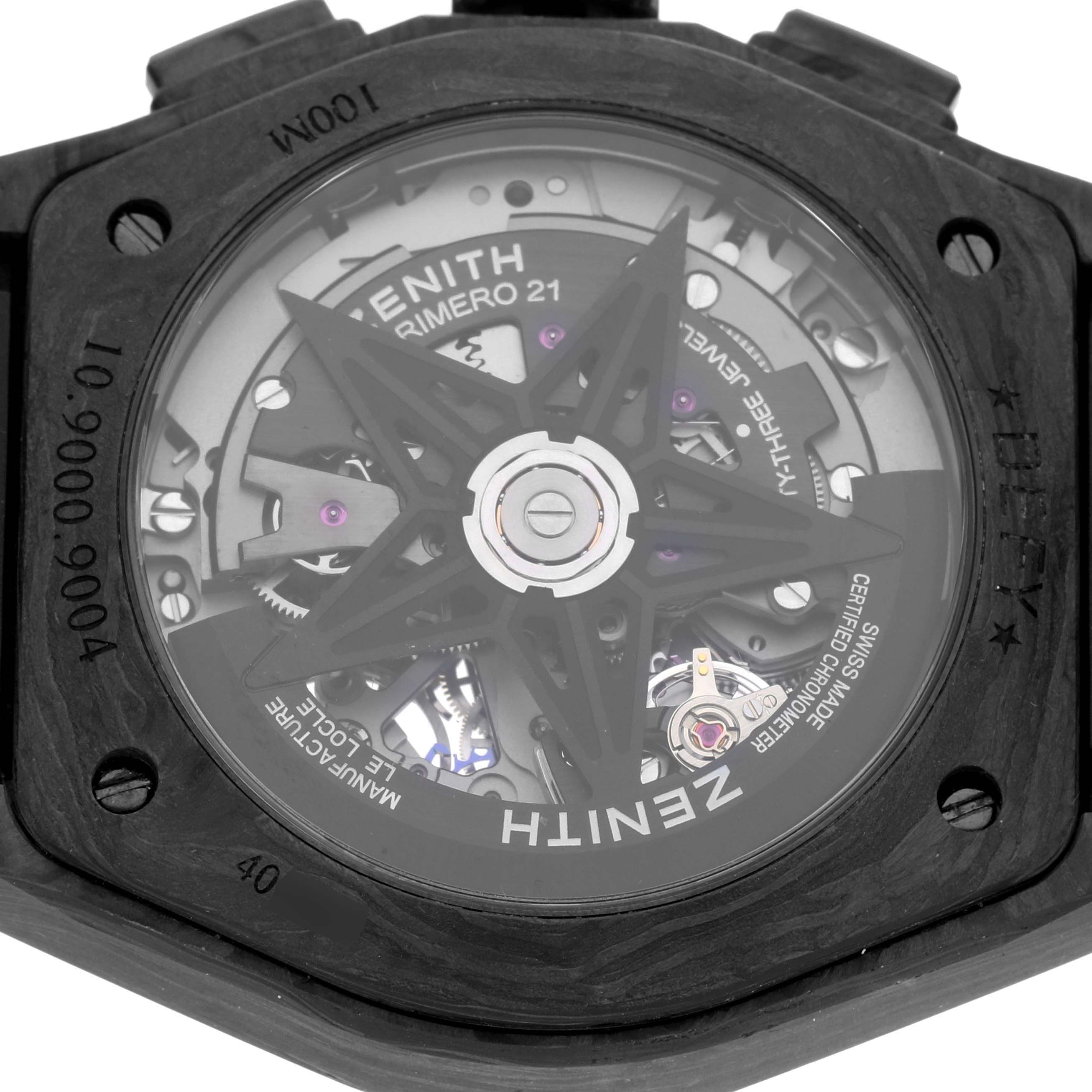 The angle shows the back of the Zenith Defy 10.9000.9004 Men's Titanium Blue Dial model, highlighting its intricate inner mechanisms.