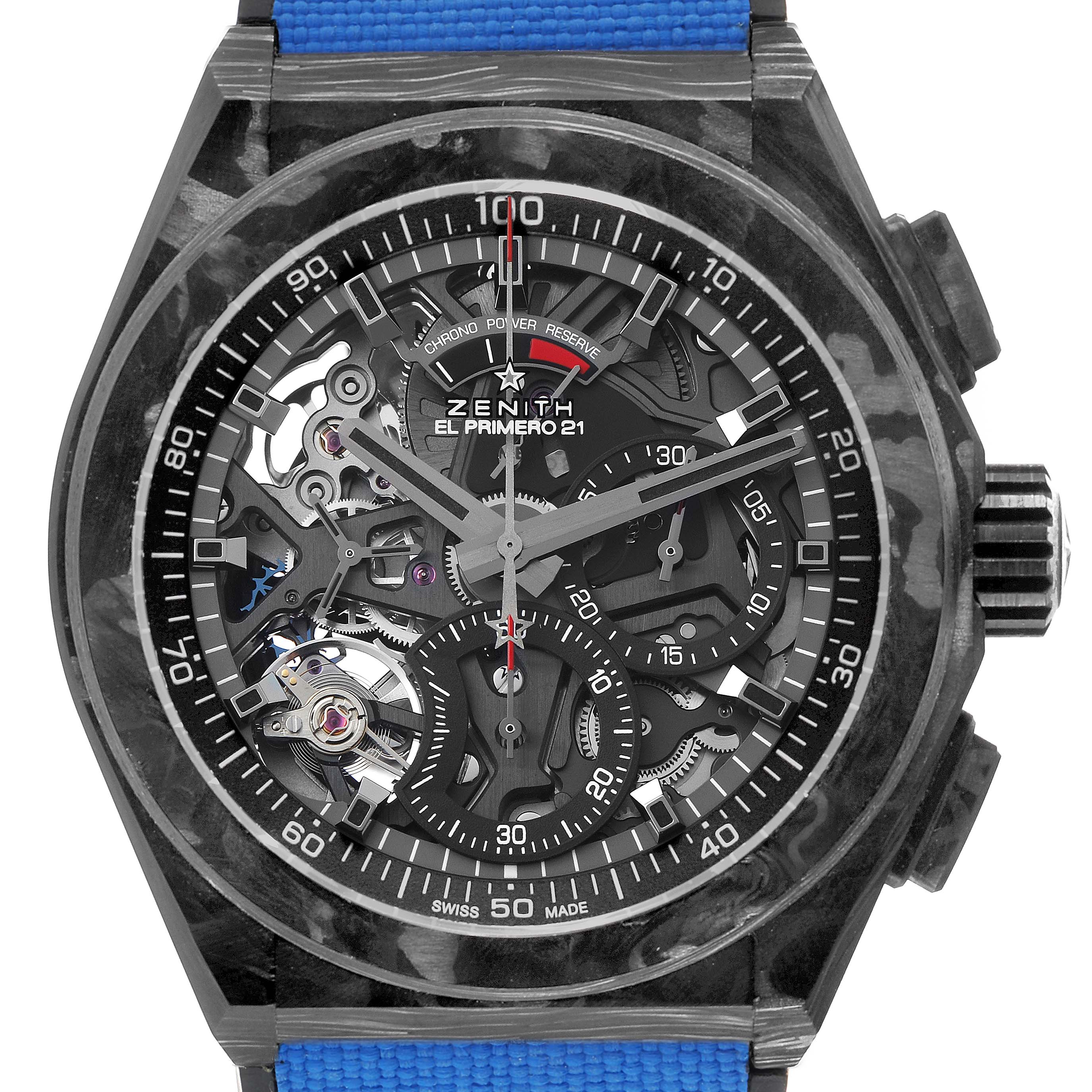 The Zenith Defy 10.9000.9004 Men's Titanium Blue Dial watch is shown front-on, displaying its openwork dial and chronograph details.