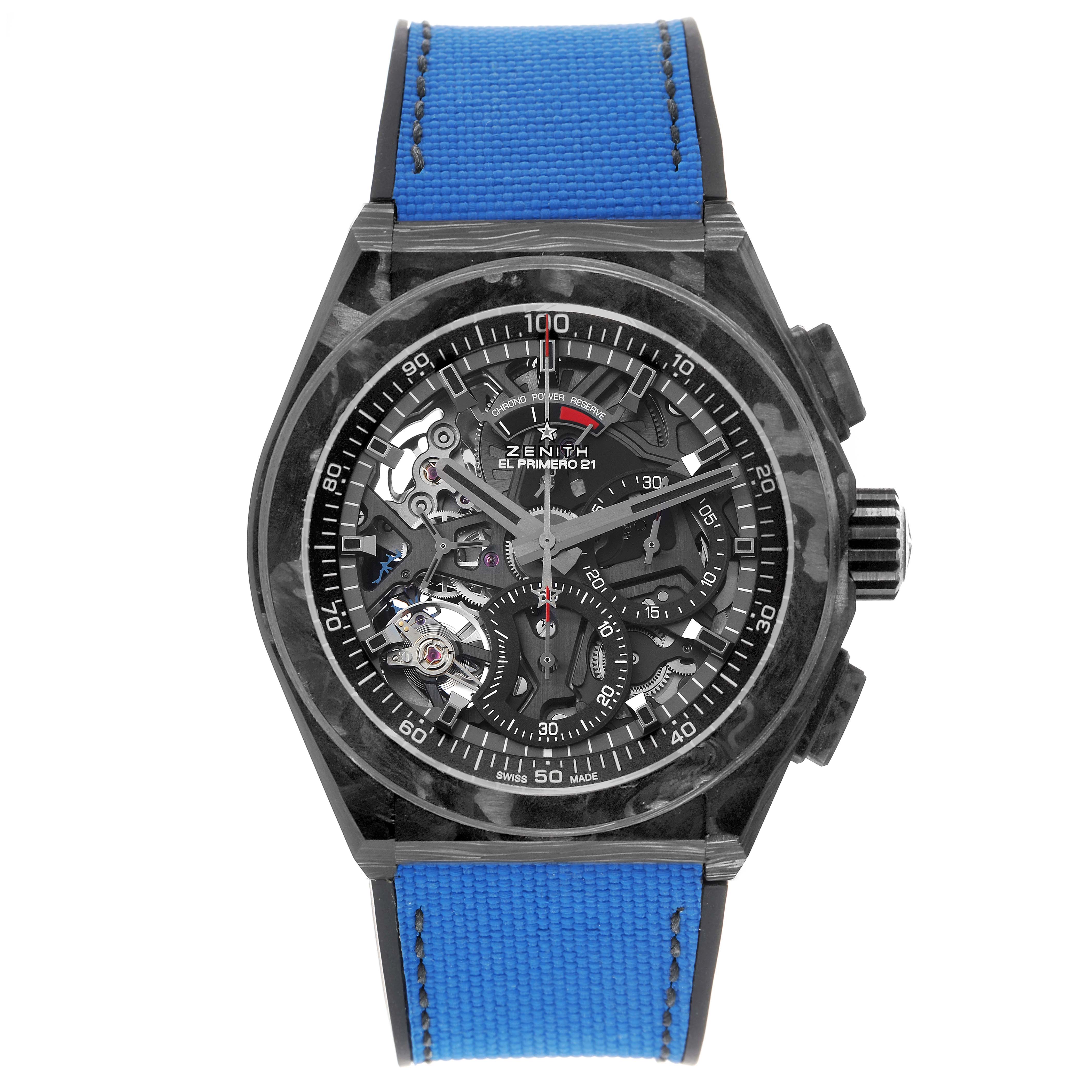 The Zenith Defy 10.9000.9004 Men's Titanium Blue Dial watch is shown from a front view, highlighting its skeleton dial and blue strap.