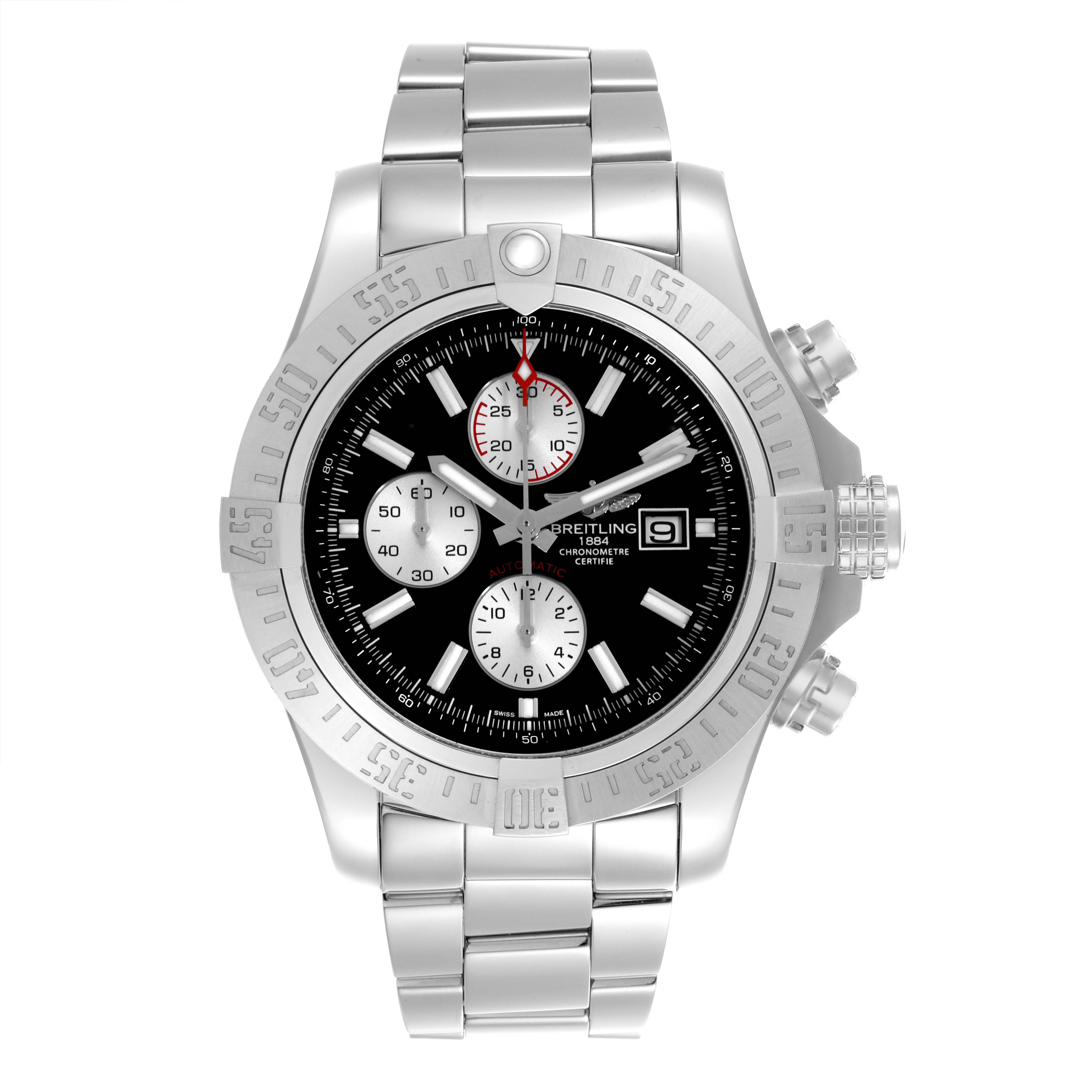 The image shows a front view of the Breitling Avenger A1337111/BC29 Men's Stainless Steel Black Dial A1337111/BC29 Men's Stainless Steel Black Dial watch, highlighting the face, bezel, and bracelet.