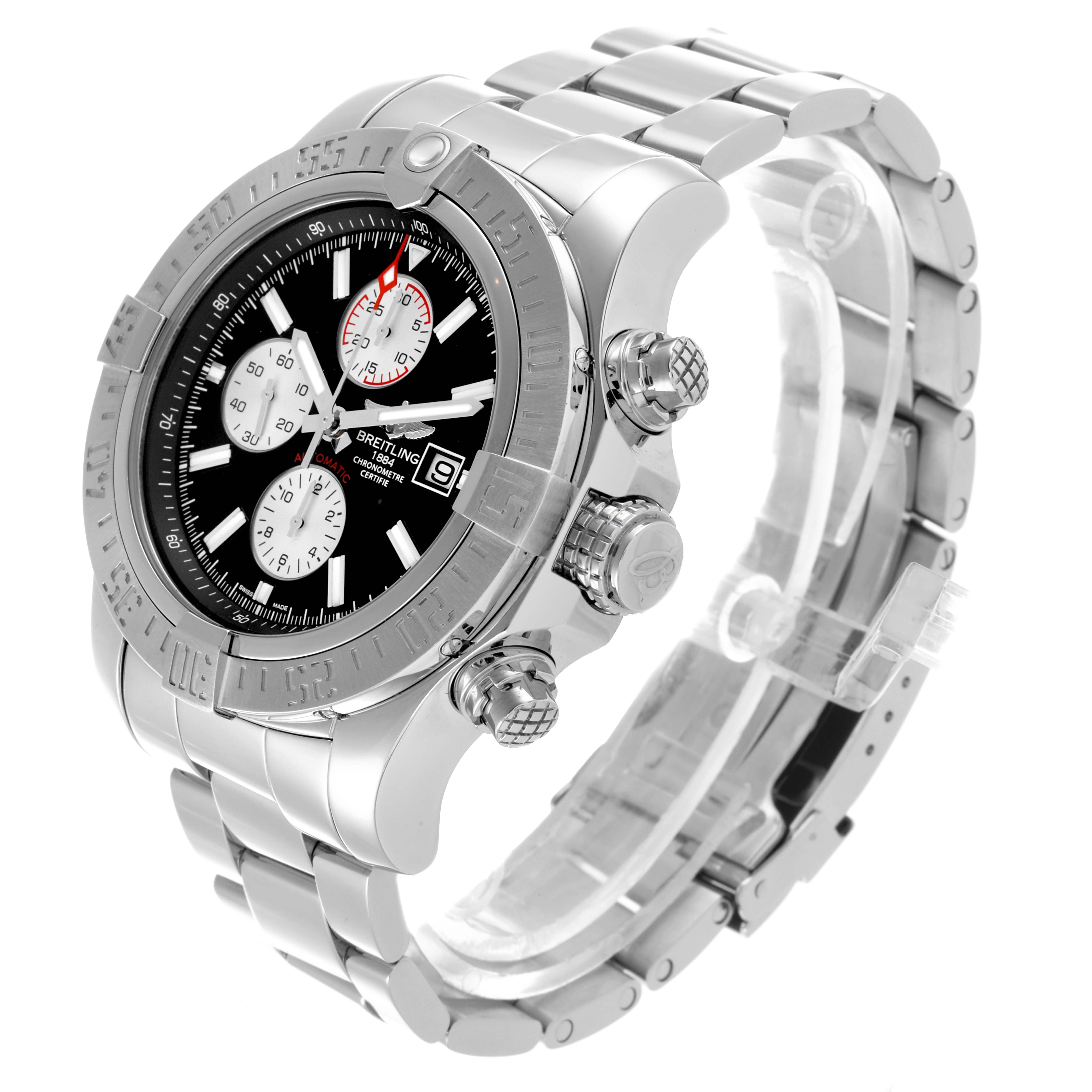 The Breitling Avenger A1337111/BC29 Men's Stainless Steel Black Dial A1337111/BC29 Men's Stainless Steel Black Dial watch is shown at a three-quarter angle, highlighting the bezel, crown, pushers, and bracelet.