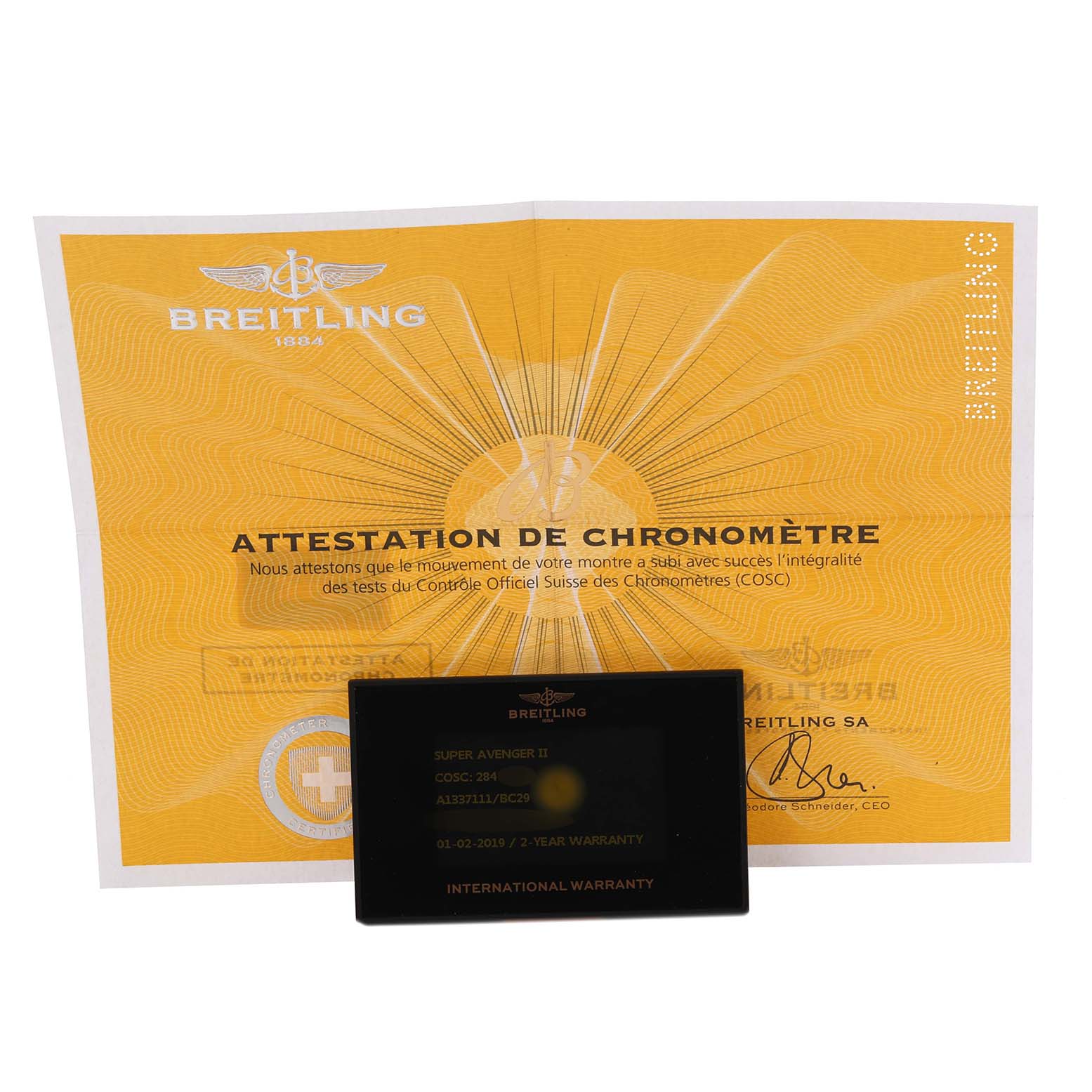 The image shows the Breitling Avenger A1337111/BC29 Men's Stainless Steel Black Dial A1337111/BC29 Men's Stainless Steel Black Dial model's warranty card and chronometer certificate.