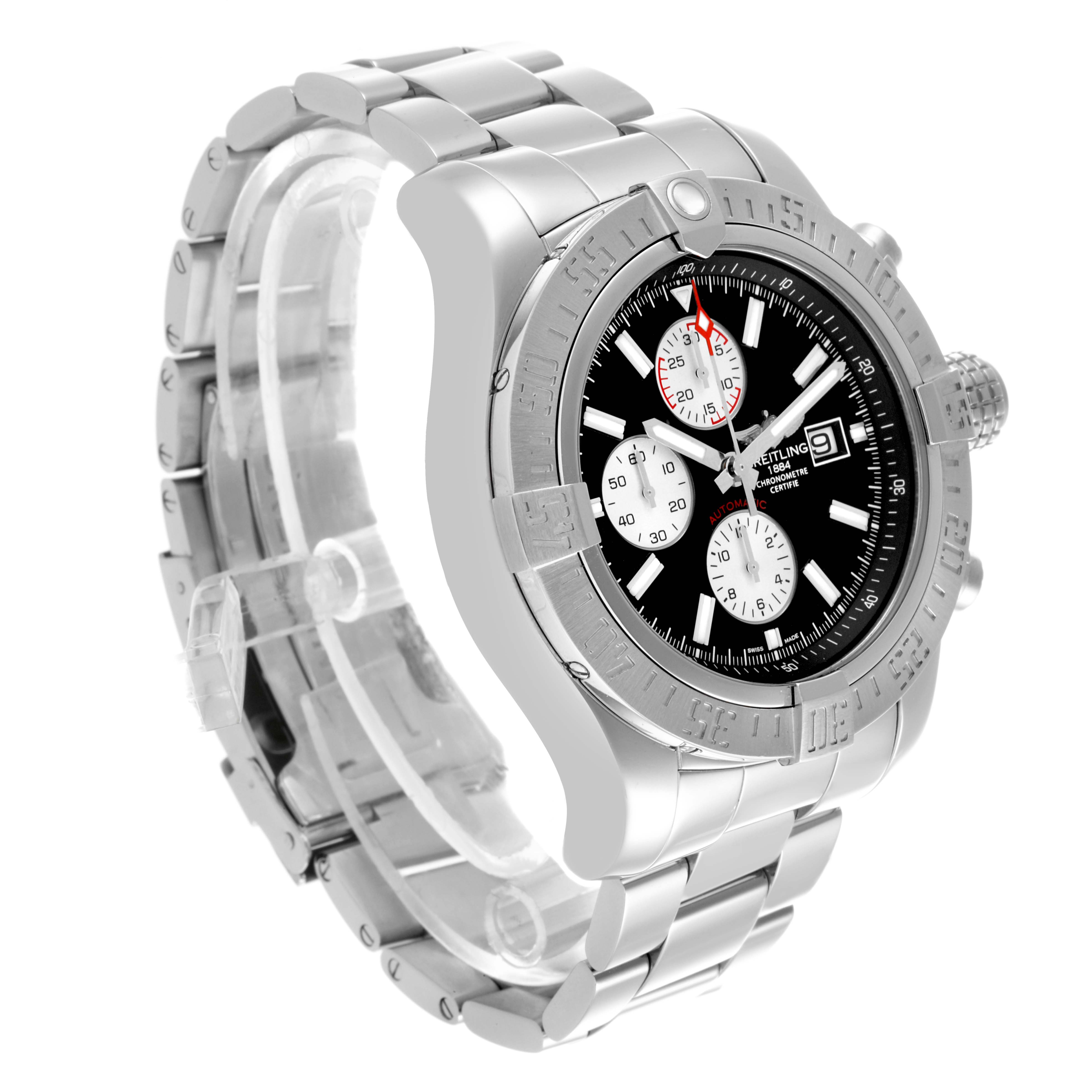 The Breitling Avenger A1337111/BC29 Men's Stainless Steel Black Dial A1337111/BC29 Men's Stainless Steel Black Dial watch is shown from a three-quarter angle, displaying the face, bracelet, and crown.