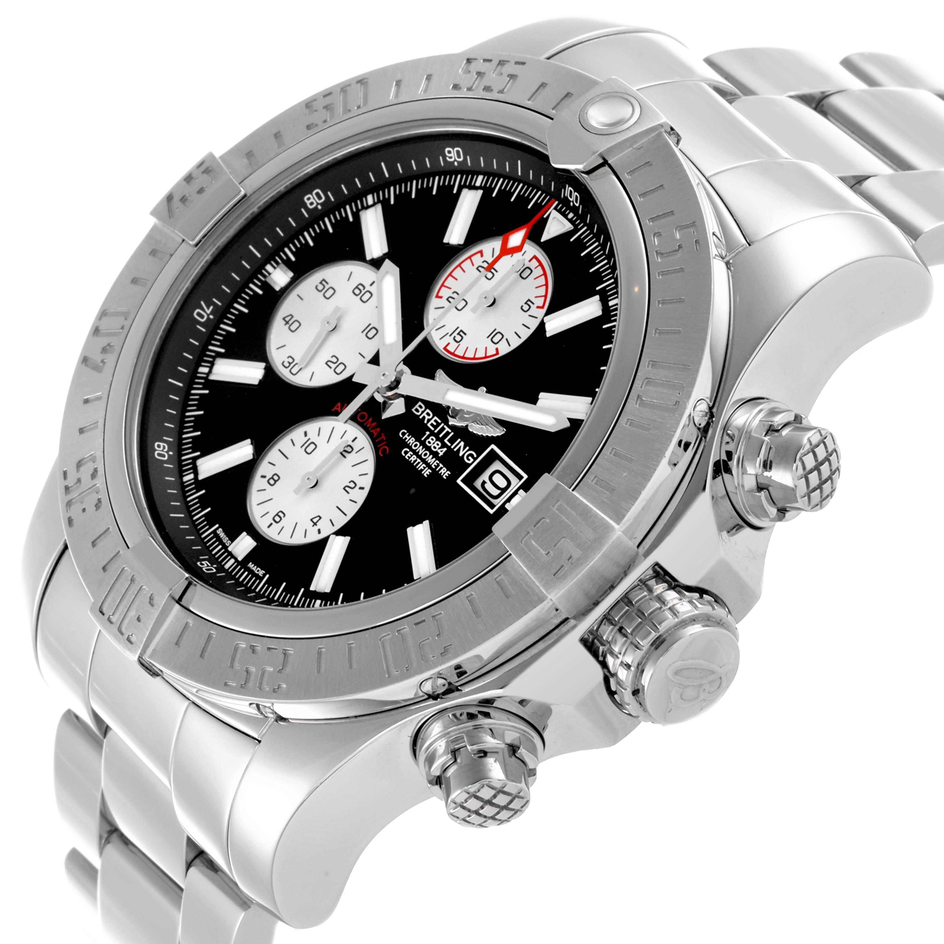 The Breitling Avenger A1337111/BC29 Men's Stainless Steel Black Dial A1337111/BC29 Men's Stainless Steel Black Dial watch is shown from a side angle, displaying the bezel, crown, pushers, and metal bracelet.