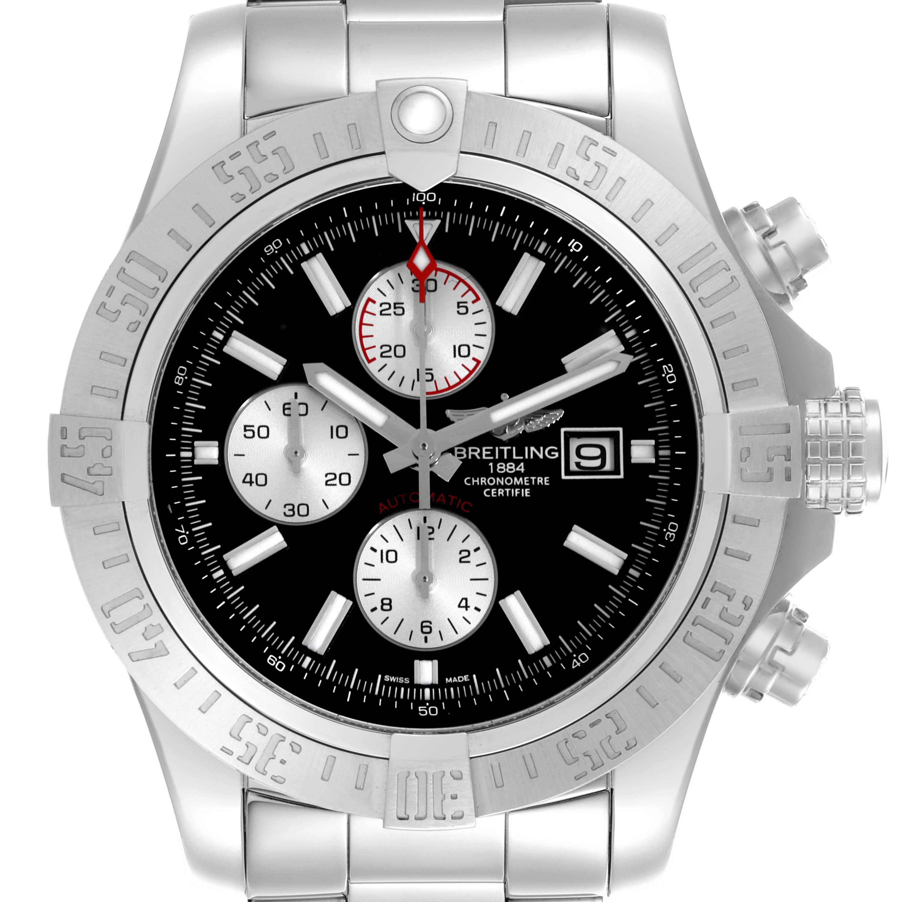 The Breitling Avenger A1337111/BC29 Men's Stainless Steel Black Dial A1337111/BC29 Men's Stainless Steel Black Dial is shown from the front, displaying the dial, bezel, and chronograph subdials.