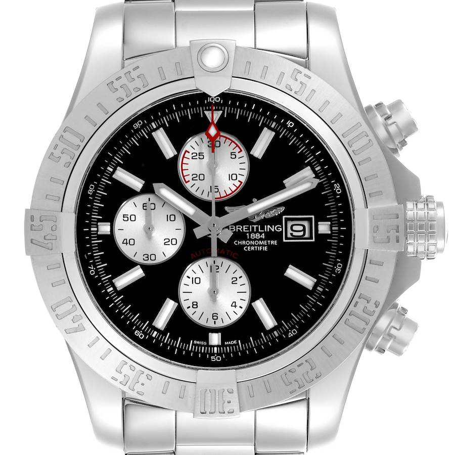 The Breitling Avenger is shown from the front, displaying the dial, bezel, and chronograph subdials.