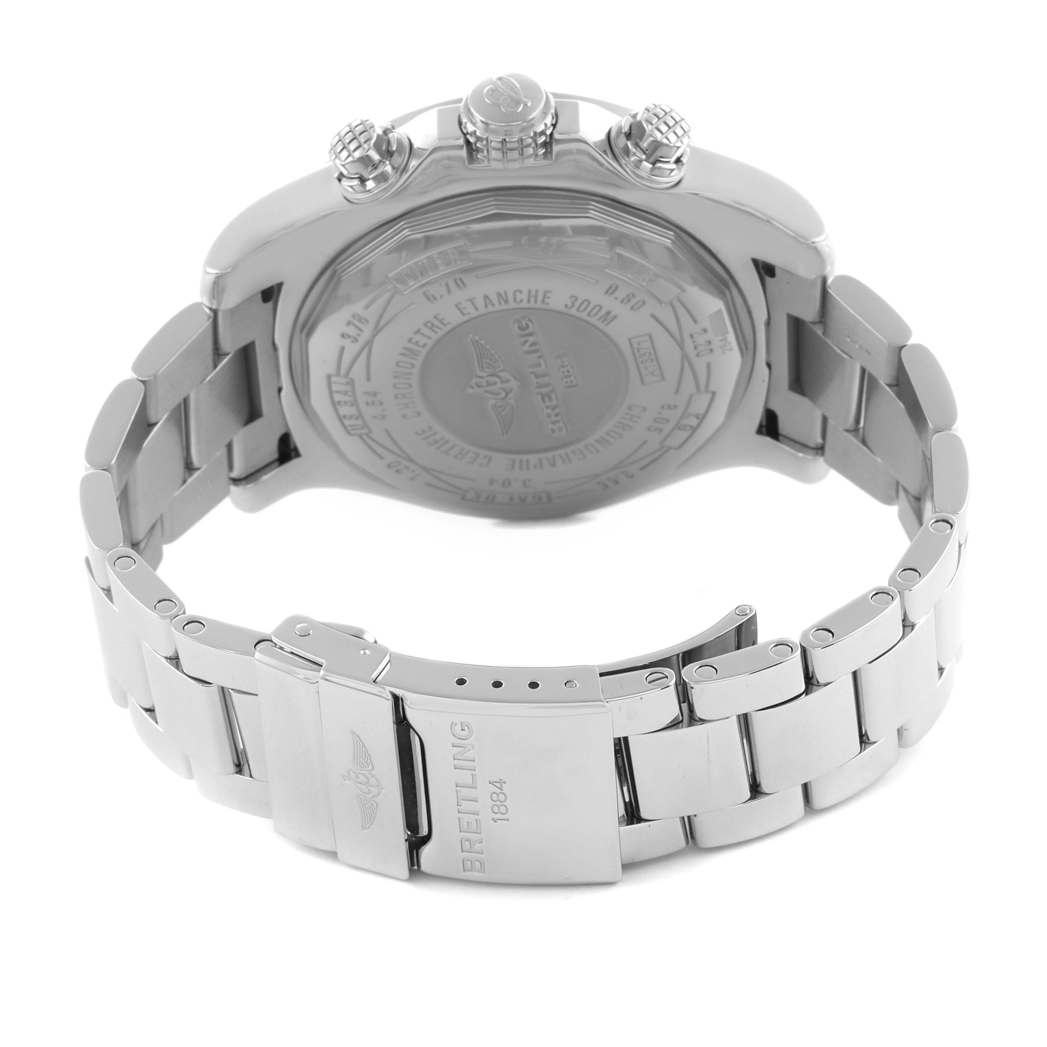 The Breitling Avenger A1337111/BC29 Men's Stainless Steel Black Dial A1337111/BC29 Men's Stainless Steel Black Dial watch is shown from the back, highlighting the clasp, bracelet, and caseback details.