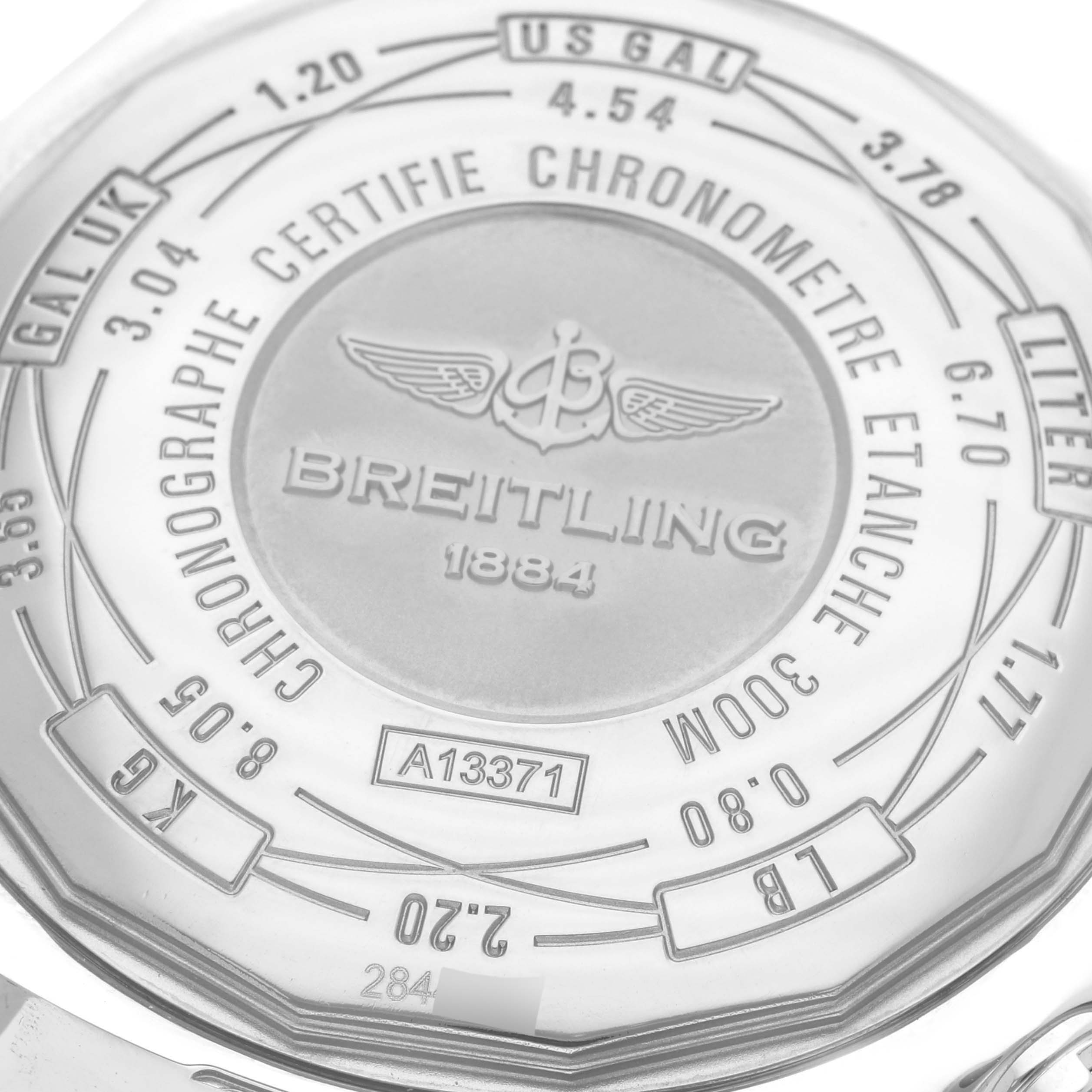The image shows the back case of a Breitling Avenger A1337111/BC29 Men's Stainless Steel Black Dial A1337111/BC29 Men's Stainless Steel Black Dial watch, featuring branding and specifications.
