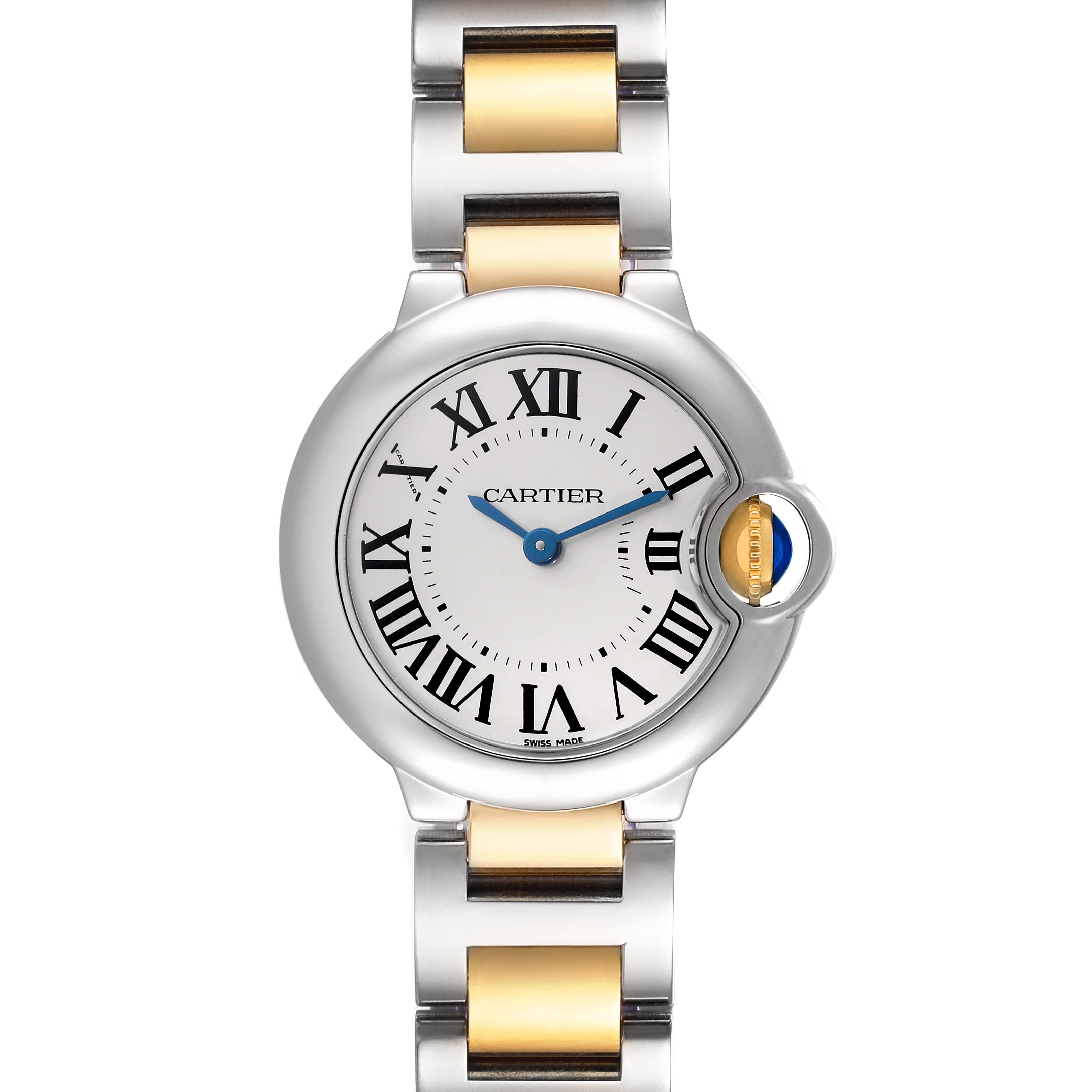 The image shows a top-down view of the Cartier Ballon Bleu W2BB0010 Women's Steel and Gold (two tone) Silver Dial W2BB0010 Women's Steel and Gold (two tone) Silver Dial watch, highlighting the face, bezel, crown, and bracelet.