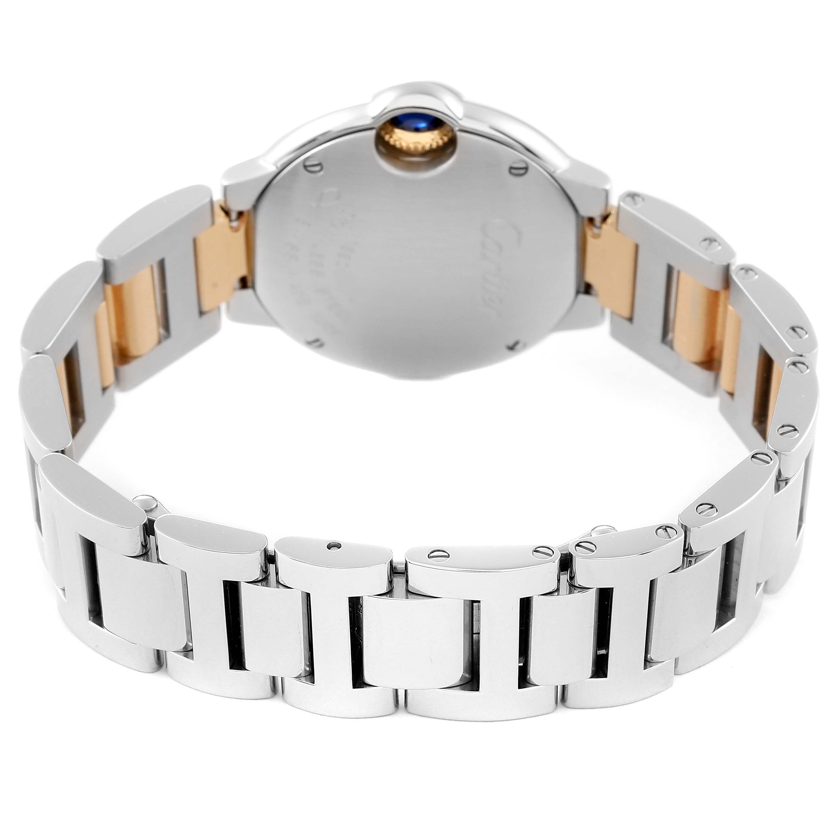 This image shows the back case and bracelet of a Cartier Ballon Bleu W2BB0010 Women's Steel and Gold (two tone) Silver Dial W2BB0010 Women's Steel and Gold (two tone) Silver Dial watch from a rear angle.