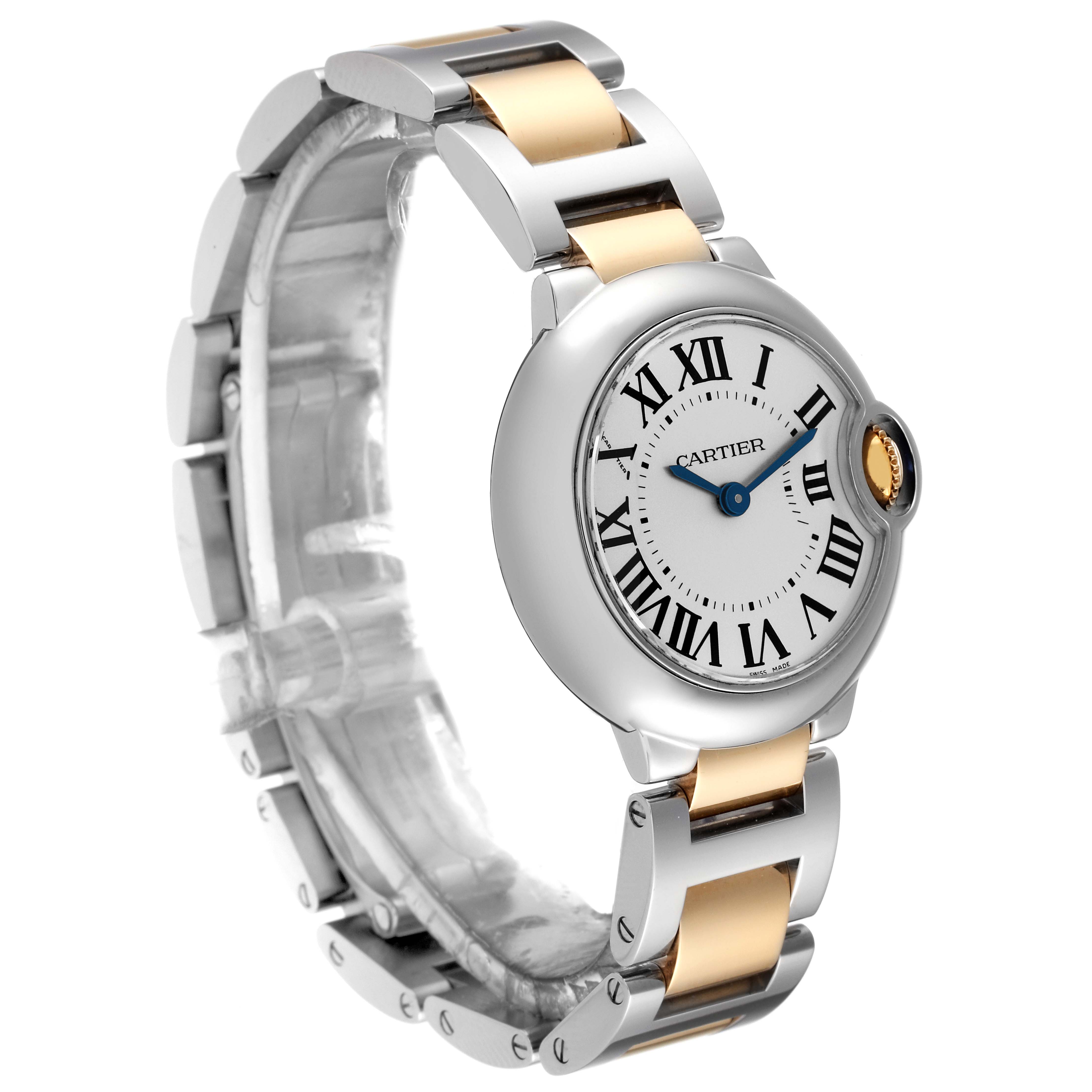 The image shows the face, dial, and metal bracelet of the Cartier Ballon Bleu W2BB0010 Women's Steel and Gold (two tone) Silver Dial W2BB0010 Women's Steel and Gold (two tone) Silver Dial model watch at a three-quarter angle.