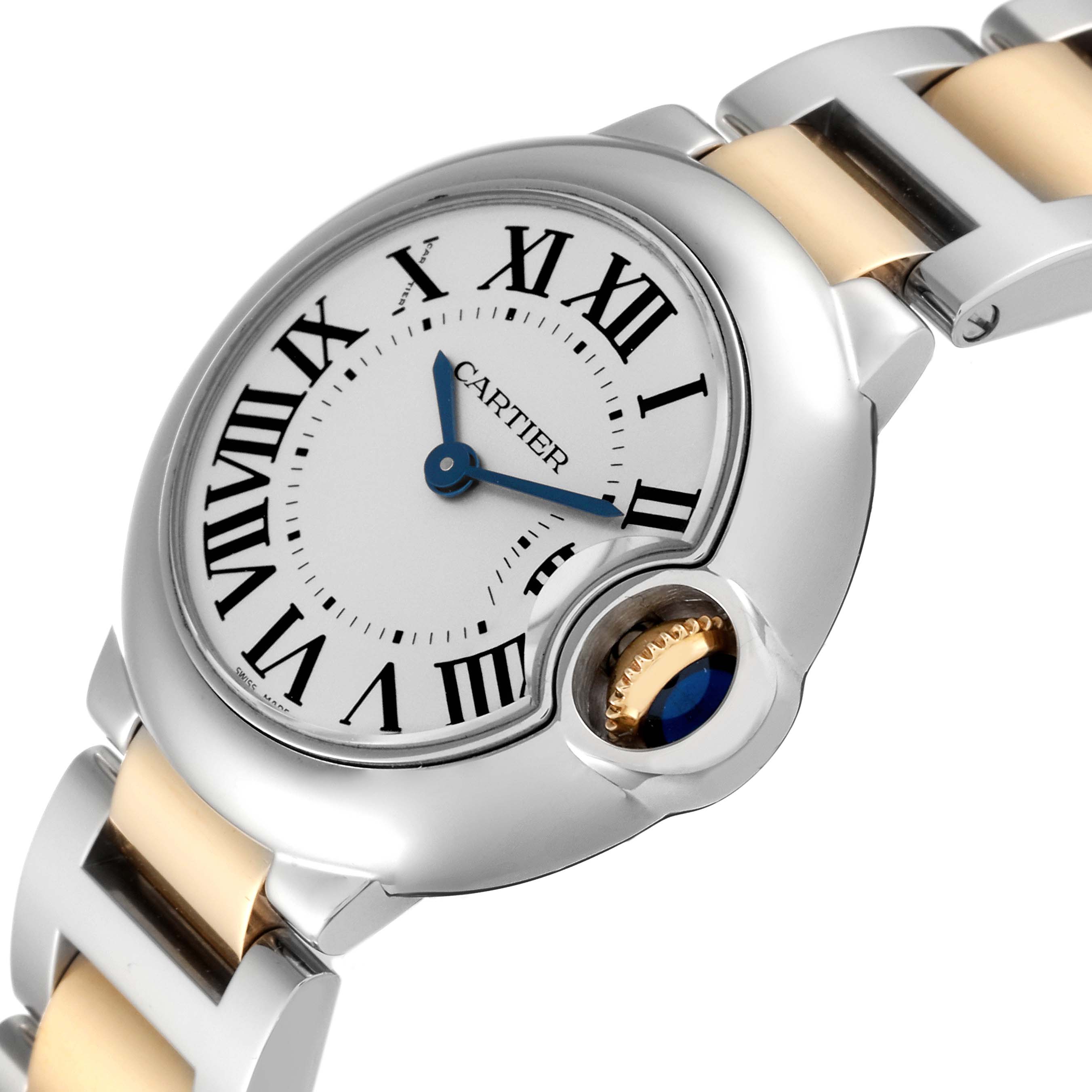 This image shows a close-up angle of the Cartier Ballon Bleu W2BB0010 Women's Steel and Gold (two tone) Silver Dial W2BB0010 Women's Steel and Gold (two tone) Silver Dial watch face and part of the bracelet.