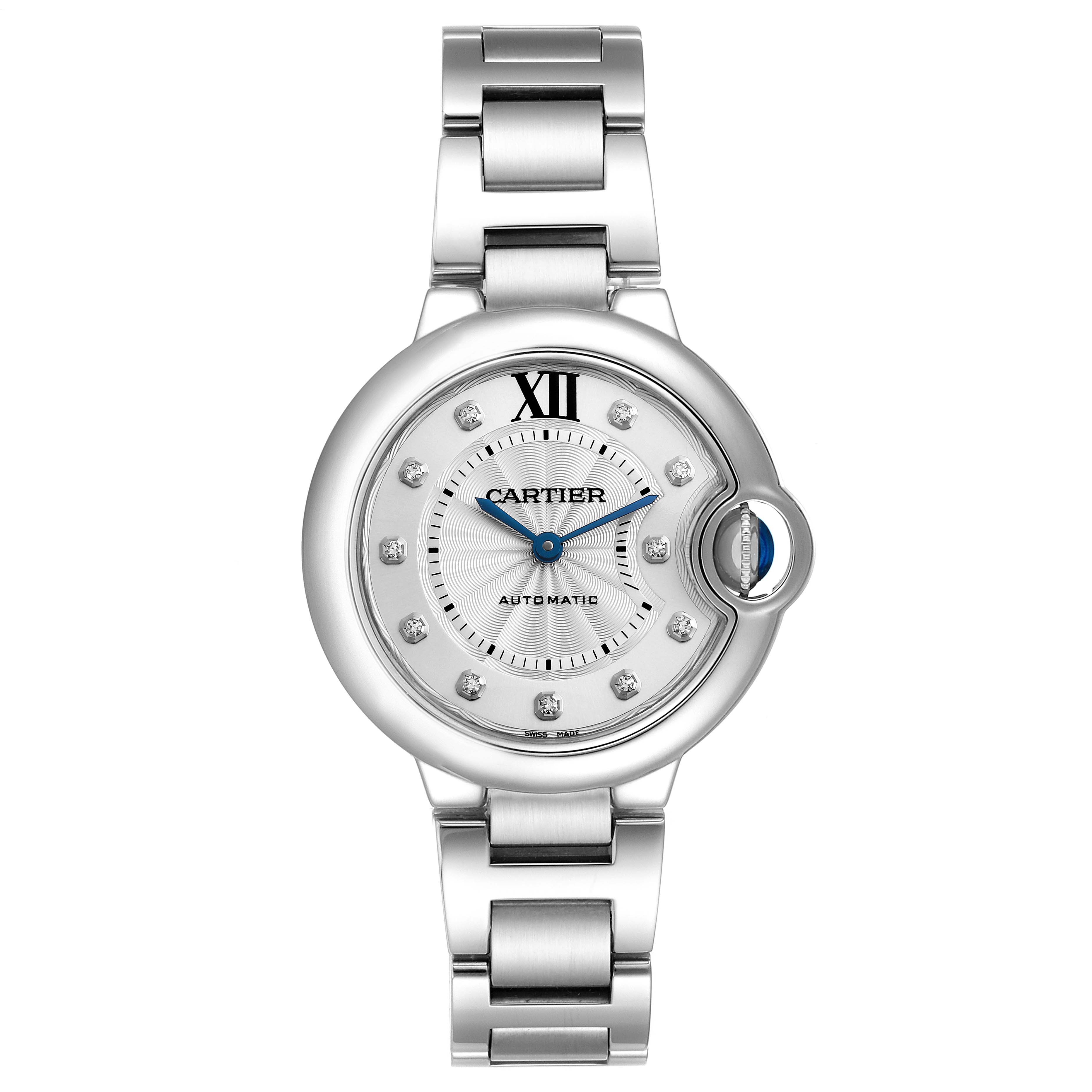 The Cartier Ballon Bleu WE902074 Women
s Stainless Steel Silver Dial WE902074 Women
s Stainless Steel Silver Dial watch is shown from a top view, displaying the face, bezel, and full bracelet.