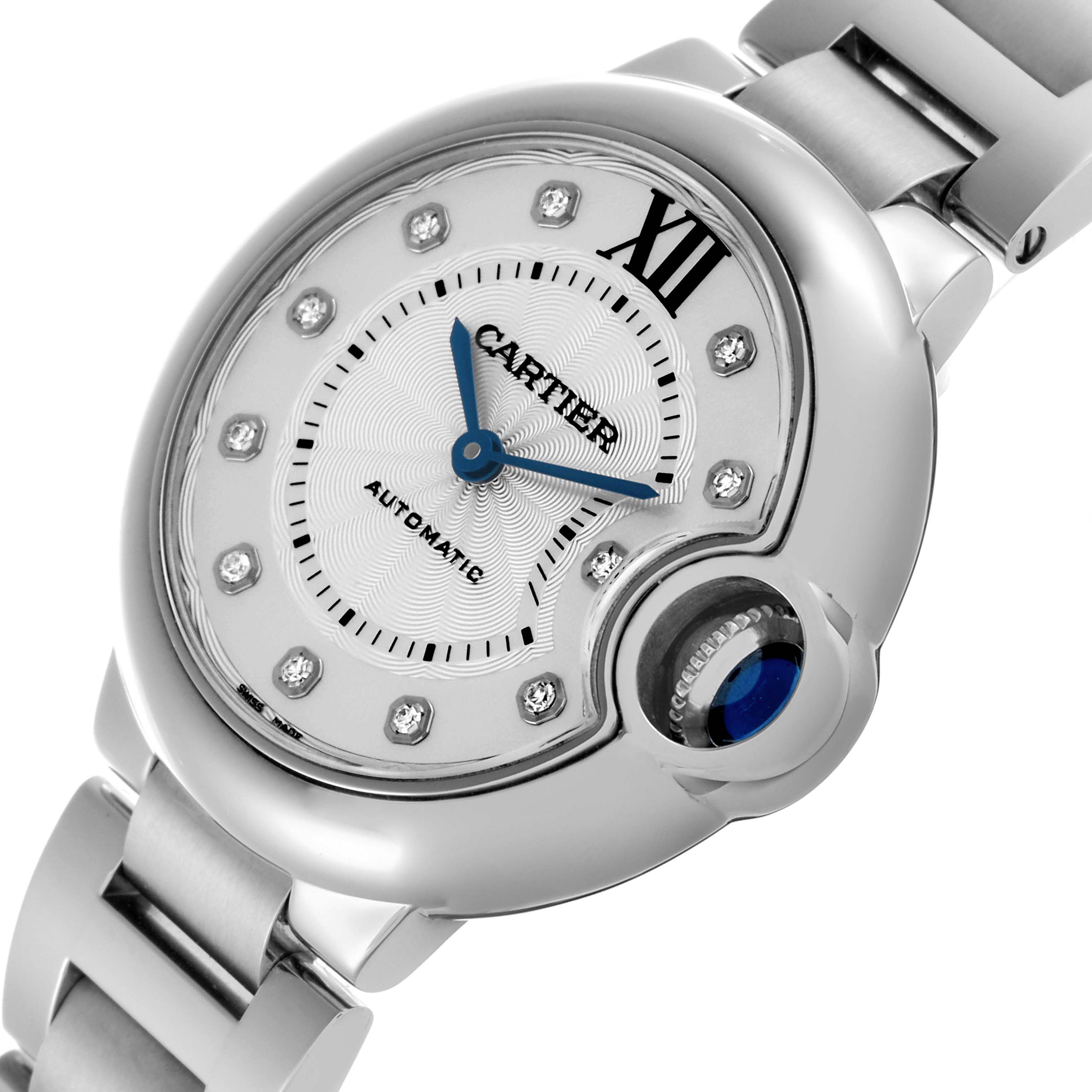 The Cartier Ballon Bleu WE902074 Women
s Stainless Steel Silver Dial WE902074 Women
s Stainless Steel Silver Dial watch is shown from an angled top view, showcasing the dial, crown, and part of the bracelet.