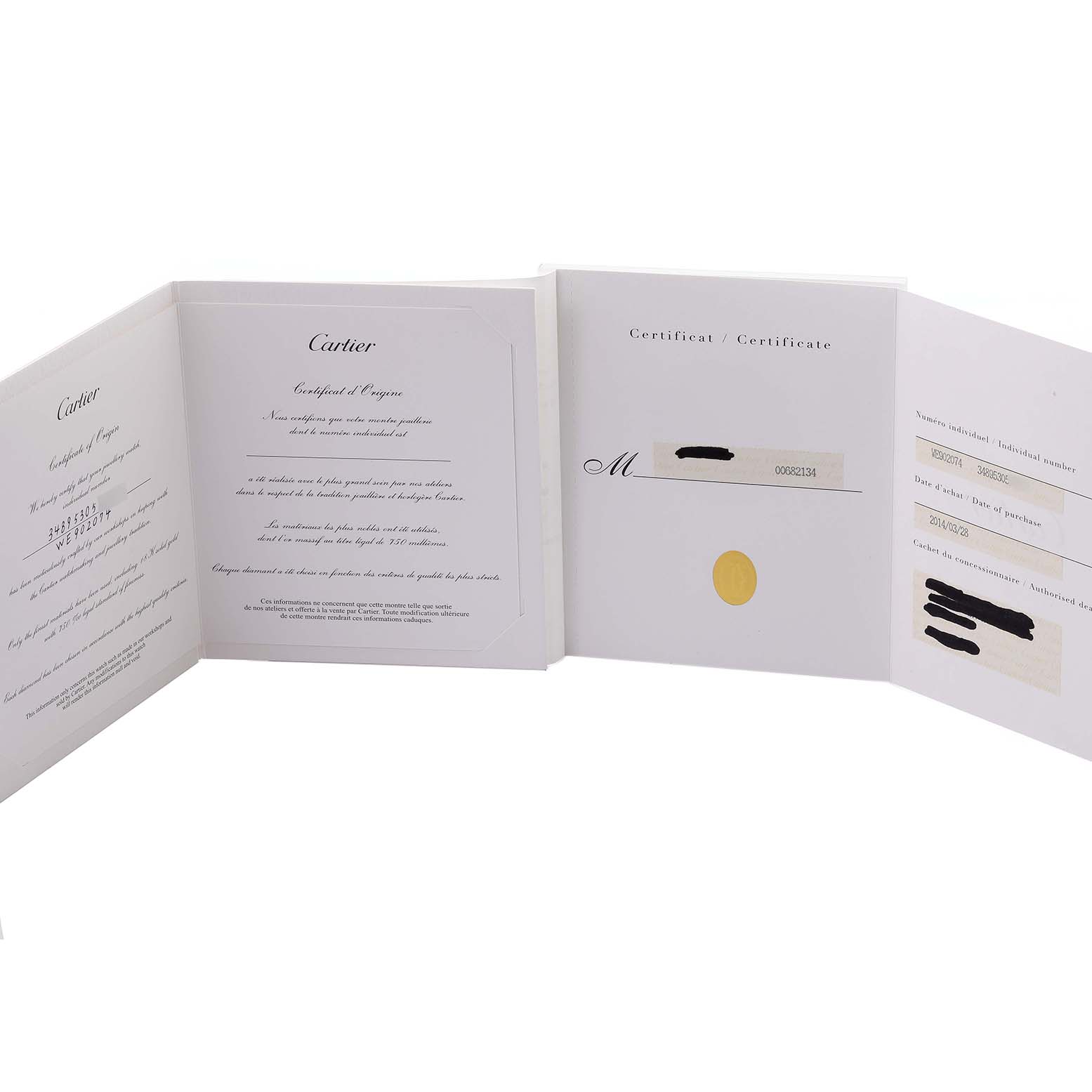 The image shows the certificates and warranty papers for the Cartier Ballon Bleu WE902074 Women
s Stainless Steel Silver Dial WE902074 Women
s Stainless Steel Silver Dial watch.