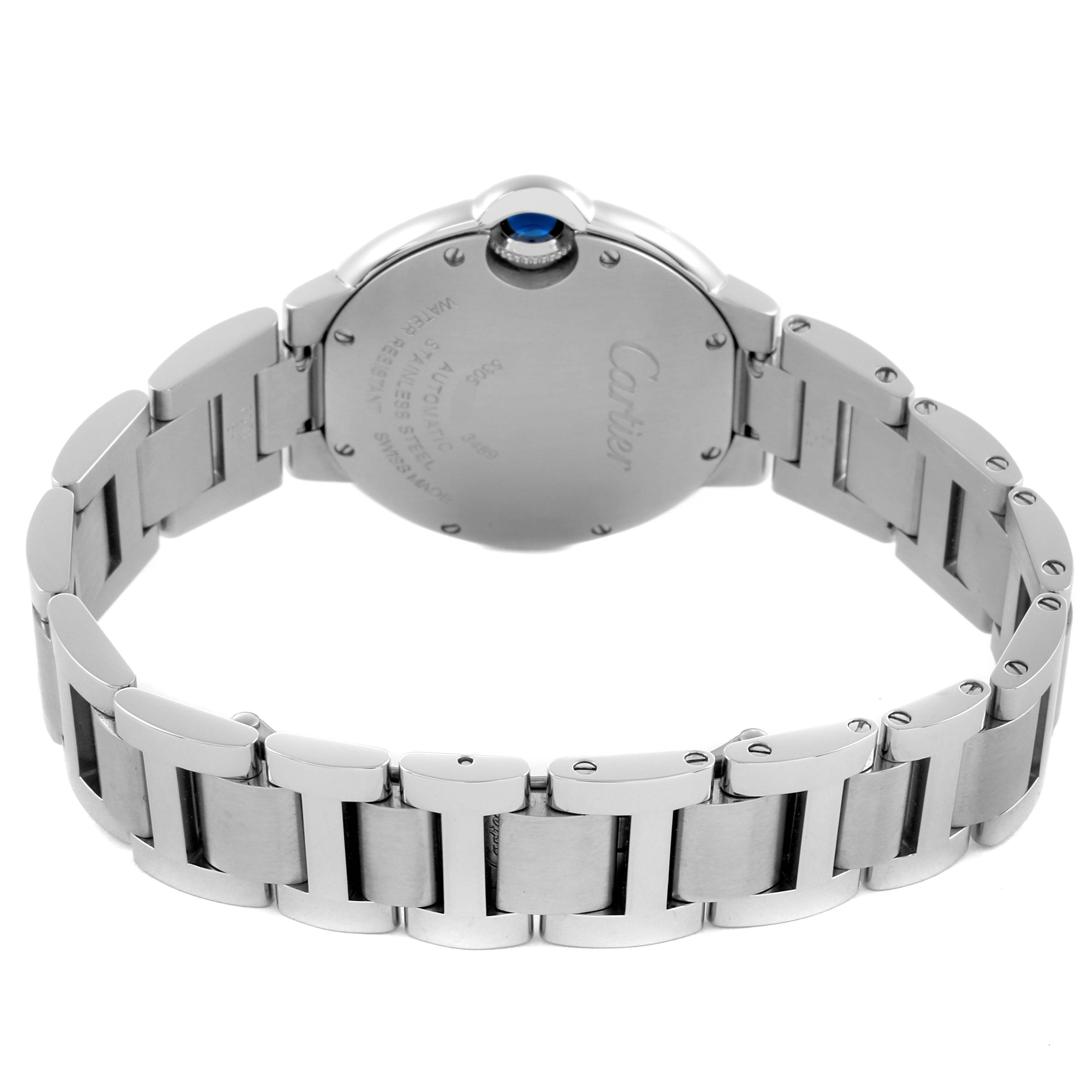 The image shows the back case and bracelet of a Cartier Ballon Bleu WE902074 Women
s Stainless Steel Silver Dial WE902074 Women
s Stainless Steel Silver Dial watch from a rear angle.