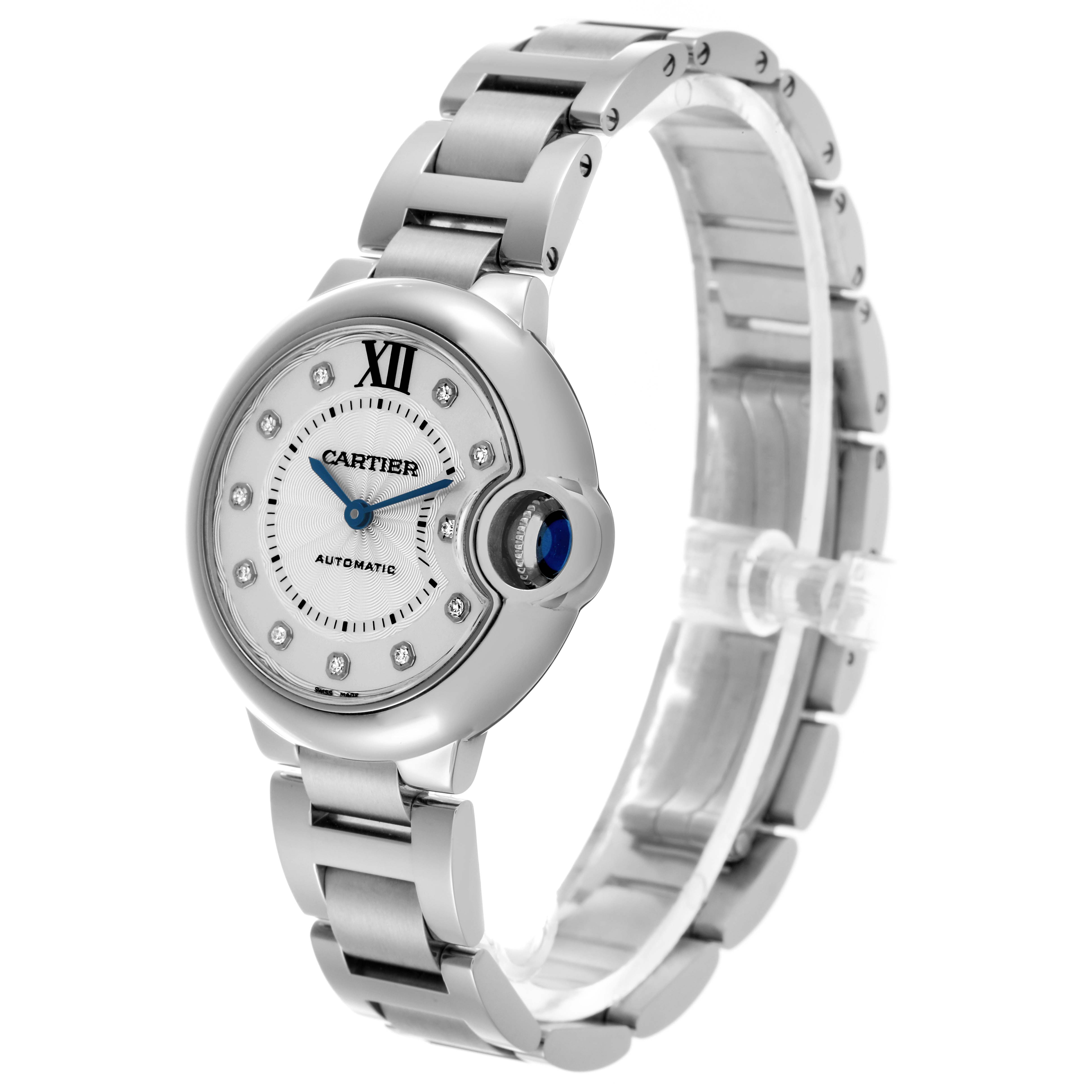 The Cartier Ballon Bleu WE902074 Women
s Stainless Steel Silver Dial WE902074 Women
s Stainless Steel Silver Dial watch is shown at a three-quarter angle, highlighting the bracelet and dial.