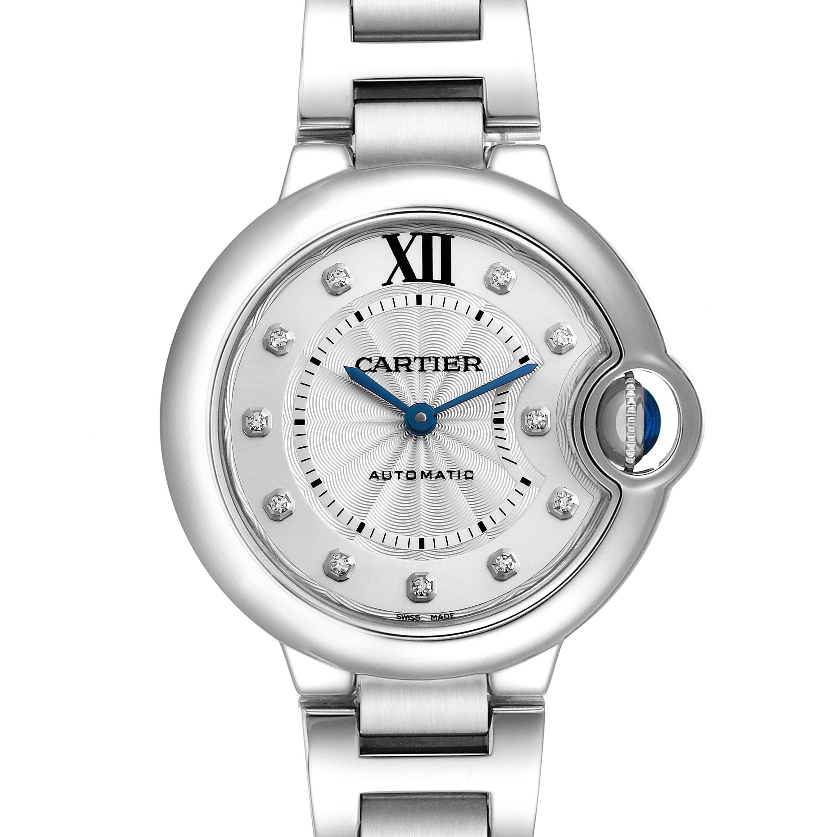 The Cartier Ballon Bleu WE902074 Women
s Stainless Steel Silver Dial WE902074 Women
s Stainless Steel Silver Dial watch is shown from a front angle, displaying the face, crown, and bracelet top.